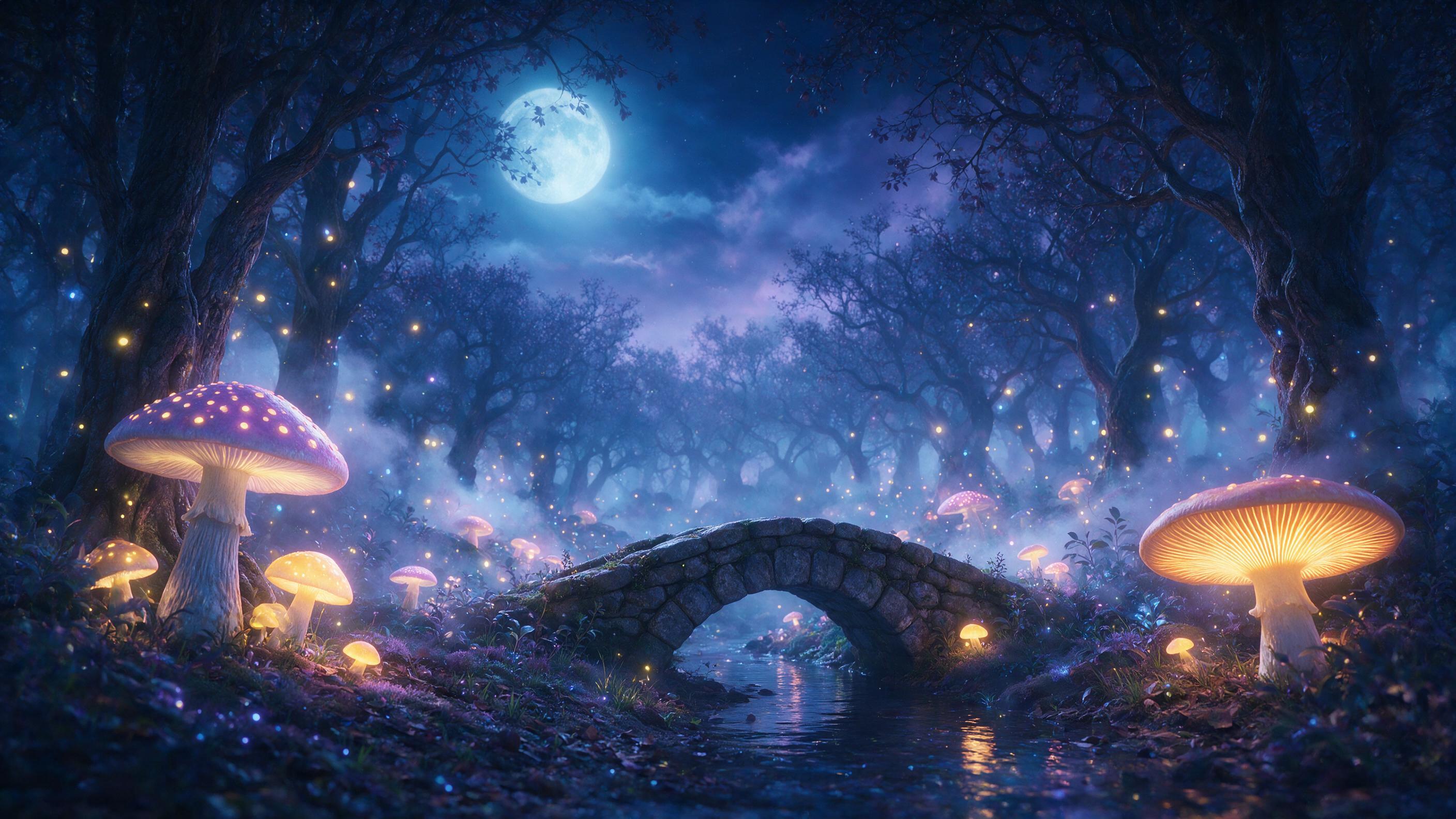 A moonlit enchanted forest with giant glowing mushrooms and fireflies, mist curling around ancient gnarled trees, a small stone bridge over a creek, soft blue and purple haze, ethereal atmosphere, wide-angle composition with depth layers, gentle ambient glow, no people, dreamlike serenity