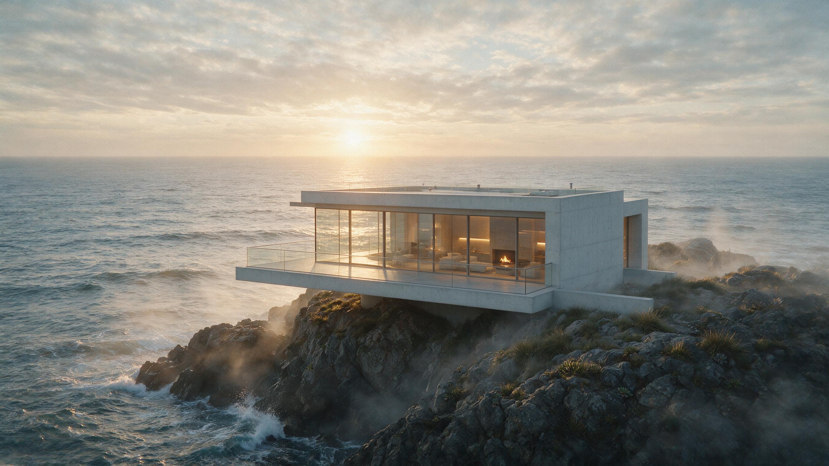 A minimalist concrete villa perched on a rugged coastal cliff at dusk, floor-to-ceiling glass walls reflecting warm interior light, soft mist rolling in from the sea, long shadows cast by low sun, composition centered with negative space of ocean and sky, slight film grain for realism