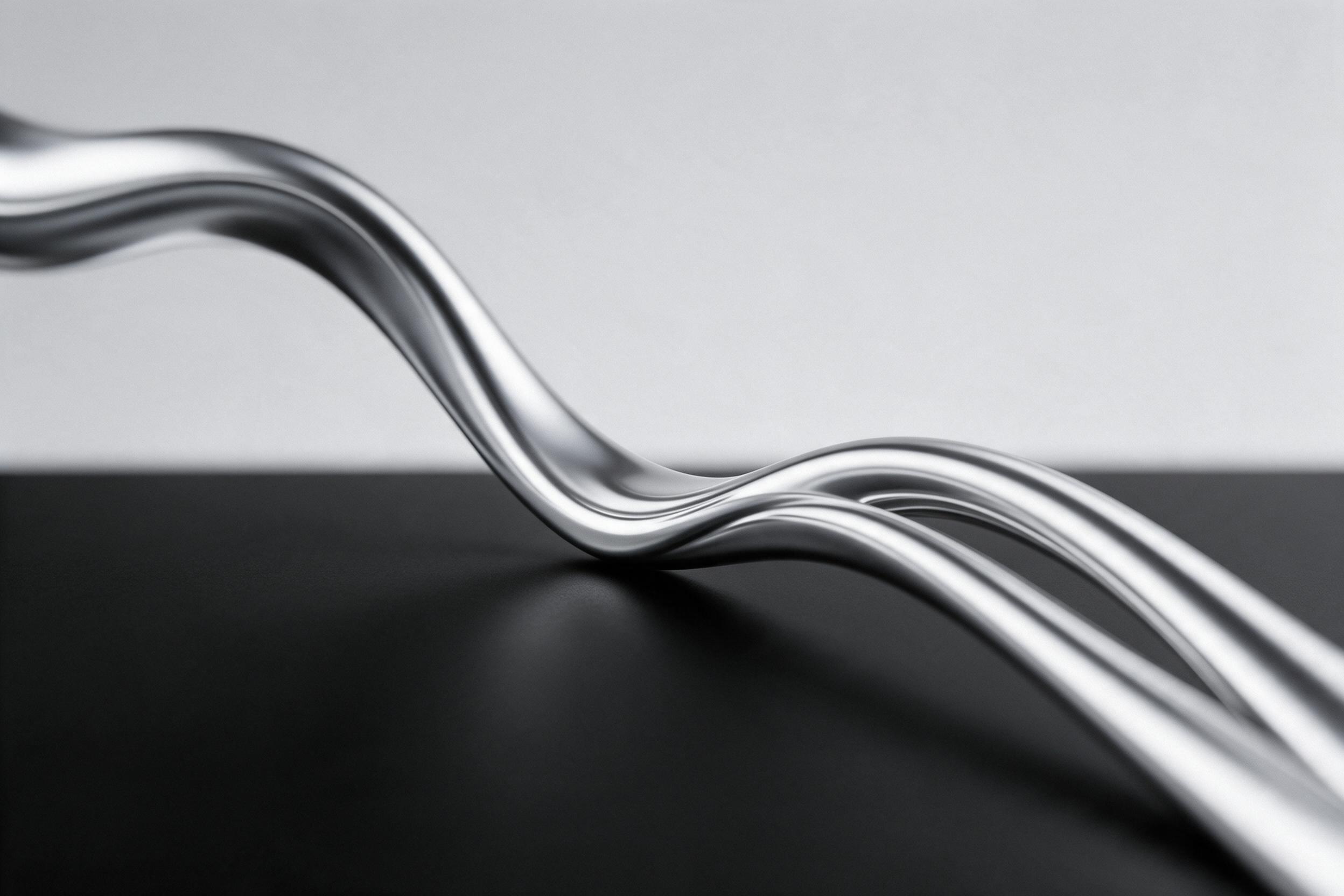 A minimalist abstract composition with flowing liquid chrome curves intersecting a matte black plane, soft studio diffused lighting, subtle reflection hints, fine grain, shallow depth of field, clean negative space