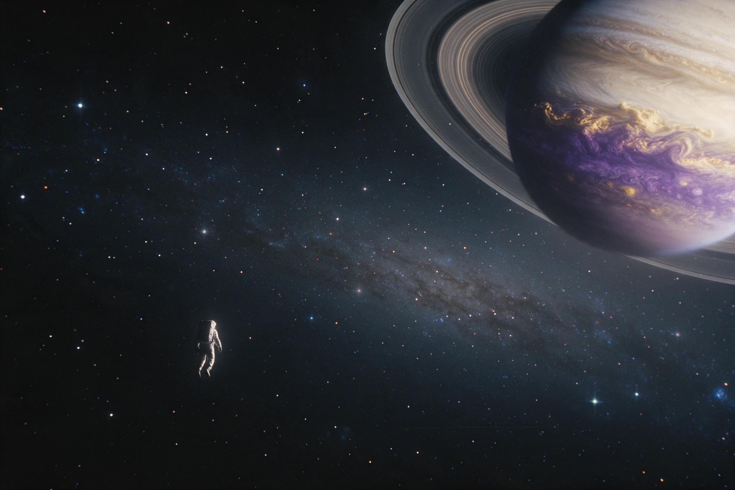 A lone astronaut floating before the churning rings of a gas giant, in shadow, with violet and gold clouds below. Planet fills the top right; astronaut tiny at lower left. Visible stars and a faint scattered disk. Milky Way band behind. Shot on 35mm film, slight exposure variation.