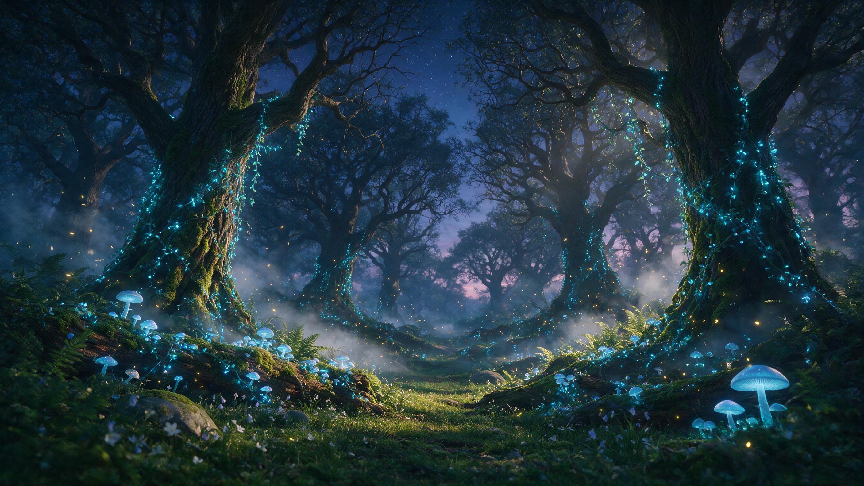 A mystical forest at twilight, bioluminescent mushrooms and glowing blue vines wrapping around ancient oak trees. A subtle mist drifts between the trunks, with soft golden light filtering through the canopy. Fireflies float in the air, creating a dreamy, ethereal atmosphere. Cinematic composition wi