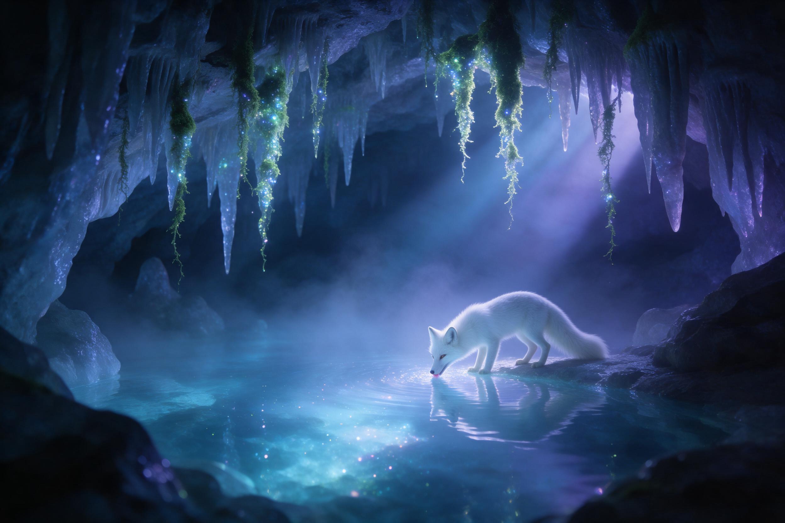A moonlit crystal cavern with a glowing underground lake, bioluminescent moss draping stalactites, a lone white fox drinking at the water's edge, soft blue and violet light rays piercing through mist, dreamy atmosphere, shallow depth of field, ethereal glow, no harsh shadows.