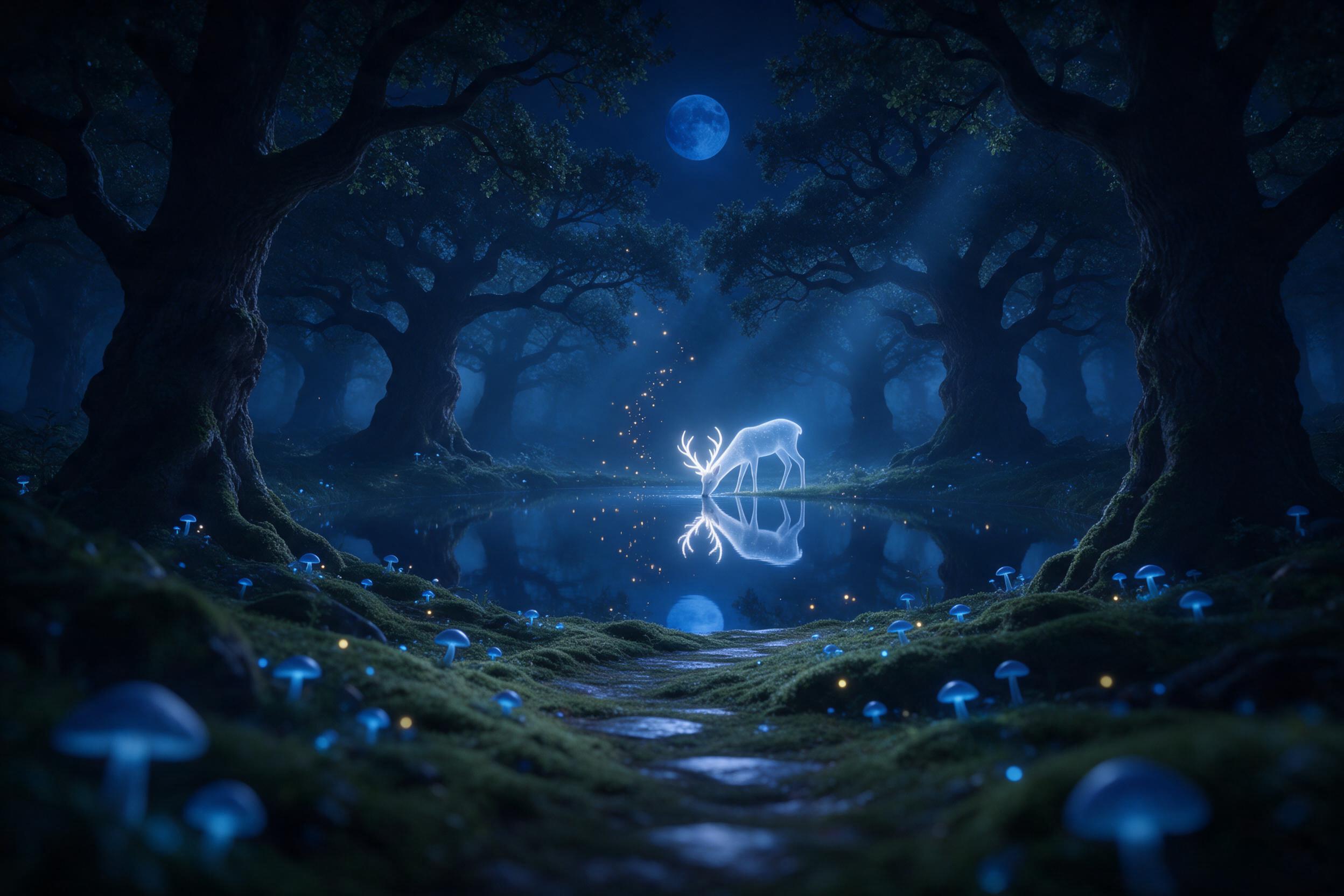 A misty midnight forest clearing under a sapphire moon, glowing blue mushrooms sprouting along a winding mossy path, a translucent white stag with luminous antlers drinking from a mirror-still pond, fireflies spiraling upward, soft volumetric light filtering through ancient oaks, shallow depth of fi