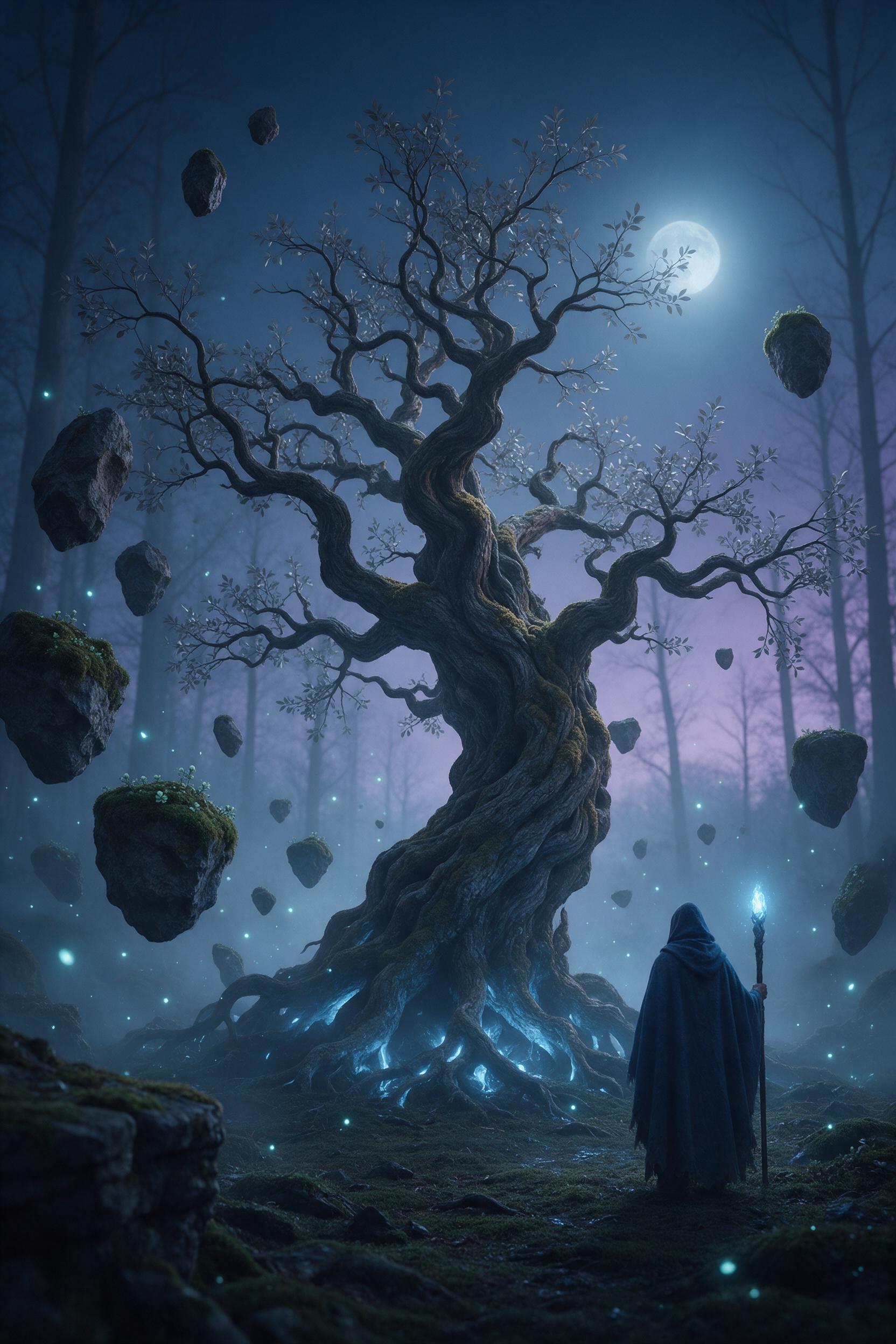An ancient, gnarled tree with silver leaves stands in a misty twilight grove, its roots glowing faintly blue. Soft teal fireflies drift between floating, moss-covered stones. Diffused moonlight casts long shadows; a lone hooded figure holds a glowing staff, seen from behind. Cool color palette, ethe