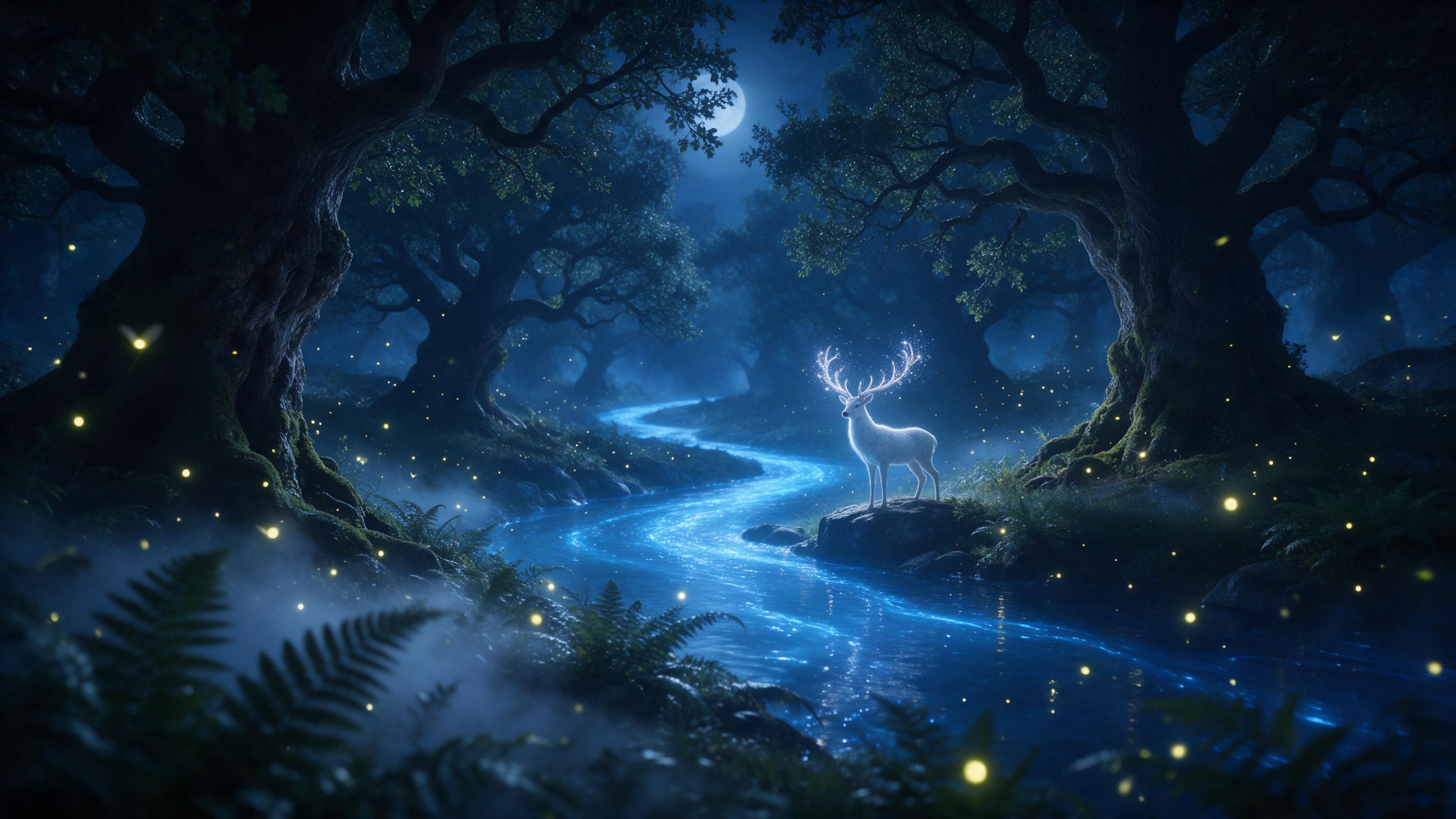 In a moonlit enchanted forest, a glowing blue river curves between ancient mossy oaks. Fireflies drift, casting soft golden light. A lone white stag stands on a rock, antlers shimmering with stardust. Mist curls around fern fronds. Ethereal, with a hint of mystery, soft focus on the stag, background