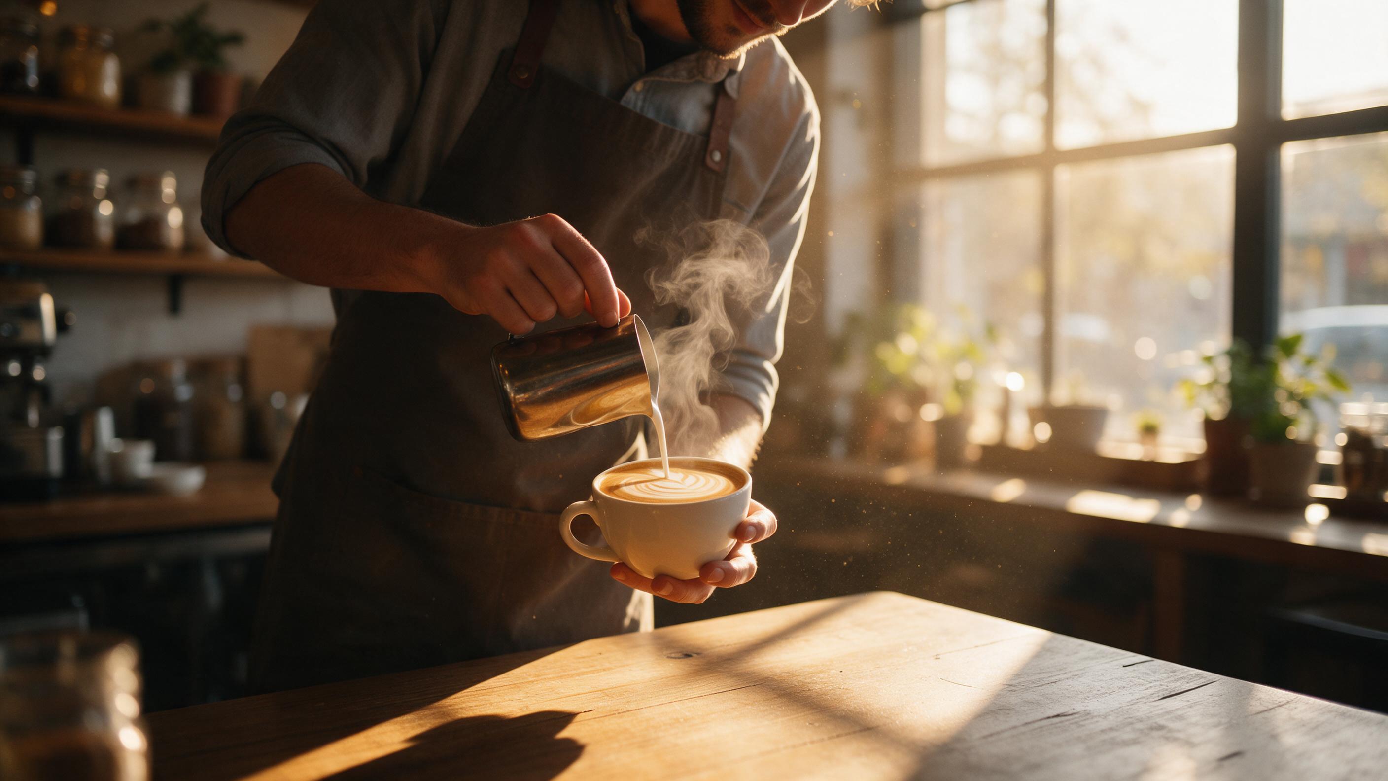 Golden hour sunlight streaming through a cozy artisan coffee shop's large window, illuminating dust motes and wooden tables, a barista in apron pouring latte art, steam rising, blurred background of shelves with jars and plants, shallow depth of field, warm tones with soft shadows, natural candid mo