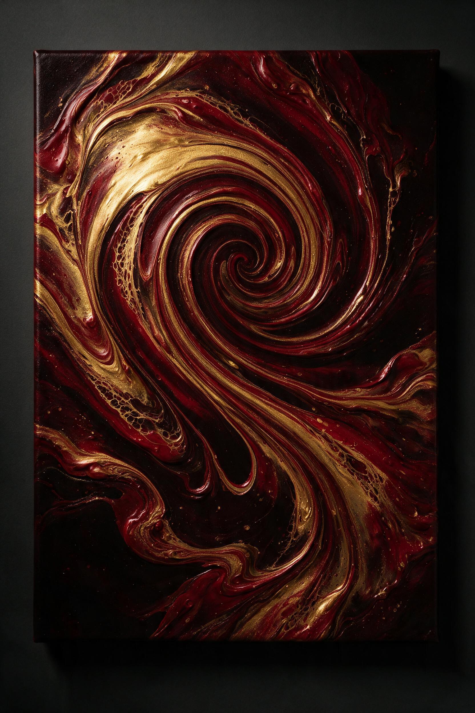 Fluid art swirls of crimson and gold, metallic paint cascading over a dark canvas, organic shapes morphing into spirals, soft studio lighting with a single spotlight creating dramatic shadows, minimalistic composition, subtle texture of thick acrylic paint.
