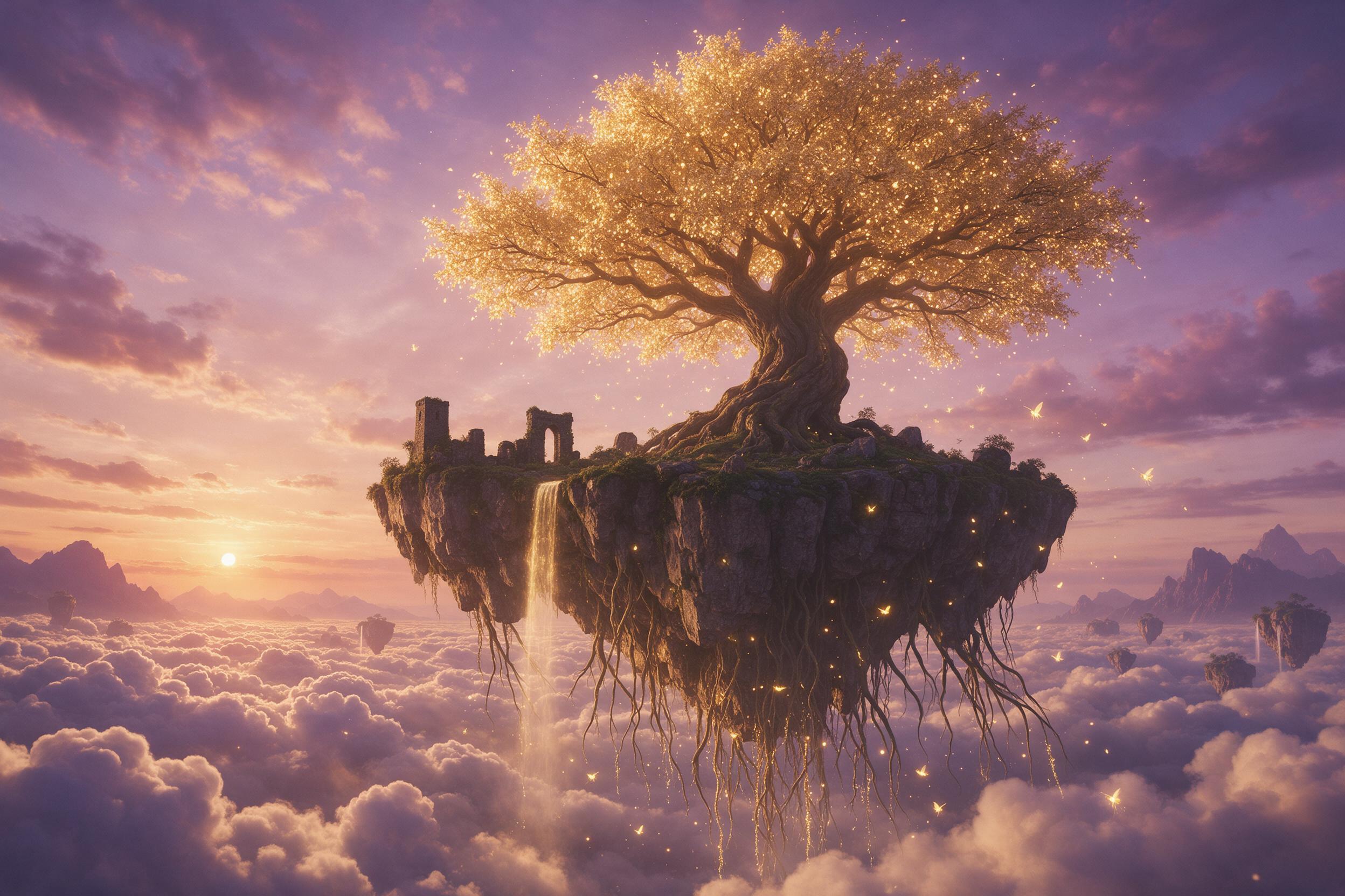 An ancient floating island over a sea of clouds at dusk. A giant glowing tree with golden leaves stands on the island, its roots cascading into the void. Small, luminous firefly-like creatures drift through air. Warm sunset light with deep violet shadows. Wide shot from below, emphasizing scale and 