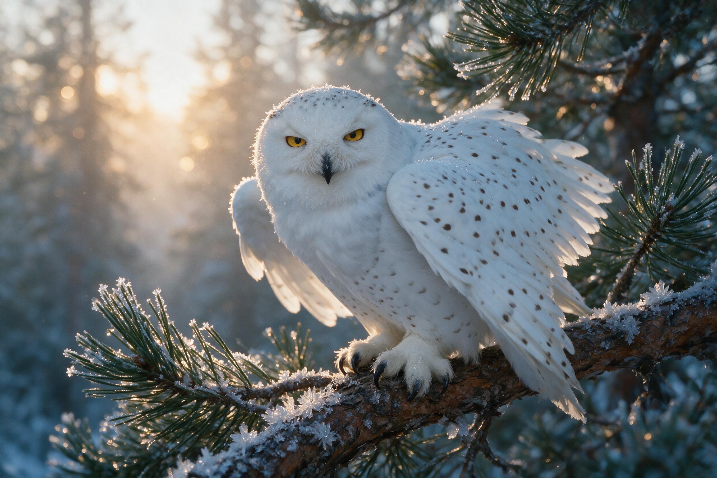 A majestic snowy owl perched on a frost-covered pine branch at dawn, soft golden sunlight filtering through mist, wings slightly spread, detailed feathers with frost crystals, blurred forest background, natural lighting, slight grain, shallow depth of field