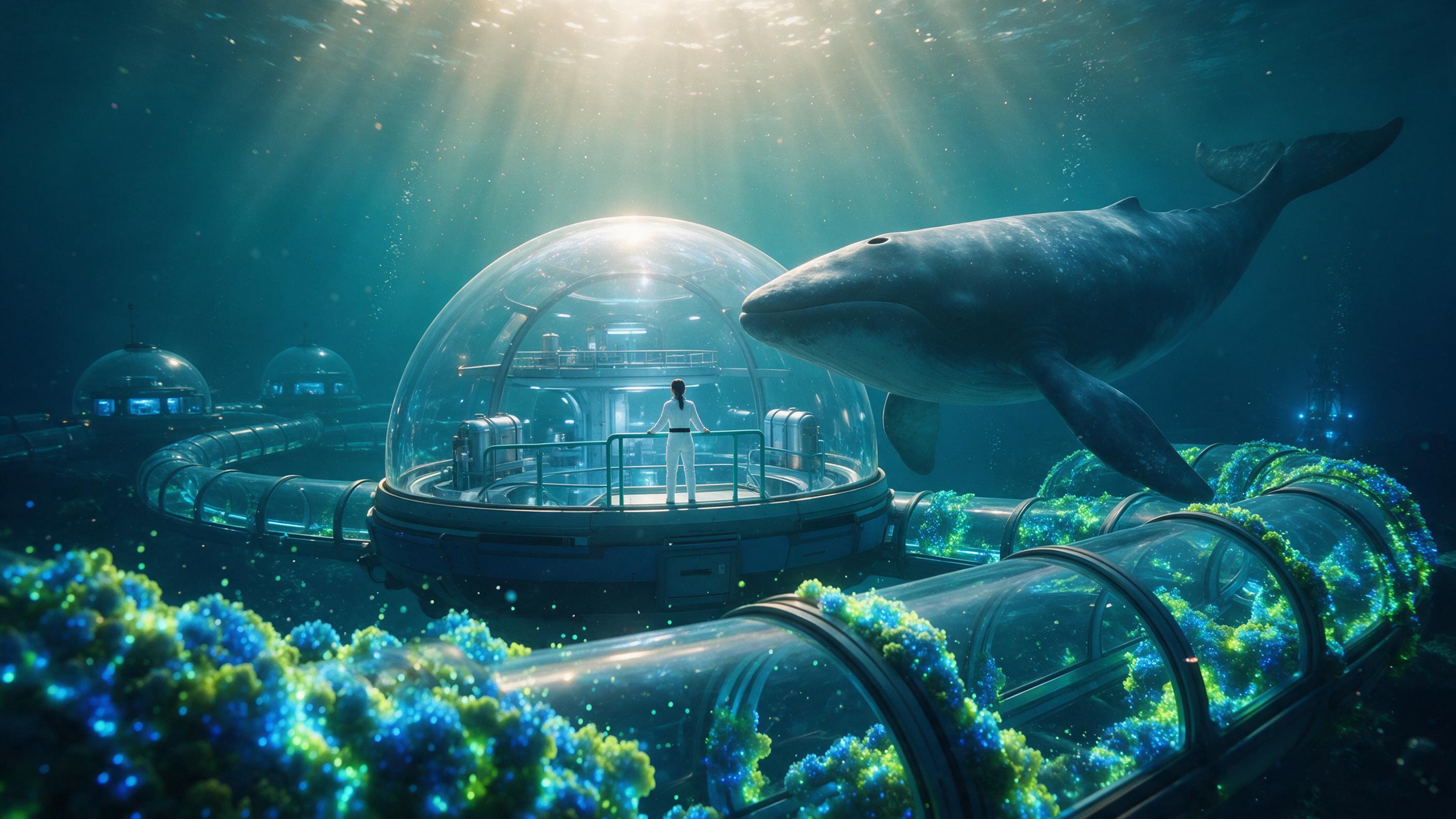 An underwater research lab with transparent domes, bioluminescent algae glowing blue and green along the curved walkways, a lone scientist in a sleek white suit observing a massive whale-like creature through the glass, deep teal water with rays of sunlight filtering from above, subtle particle effe