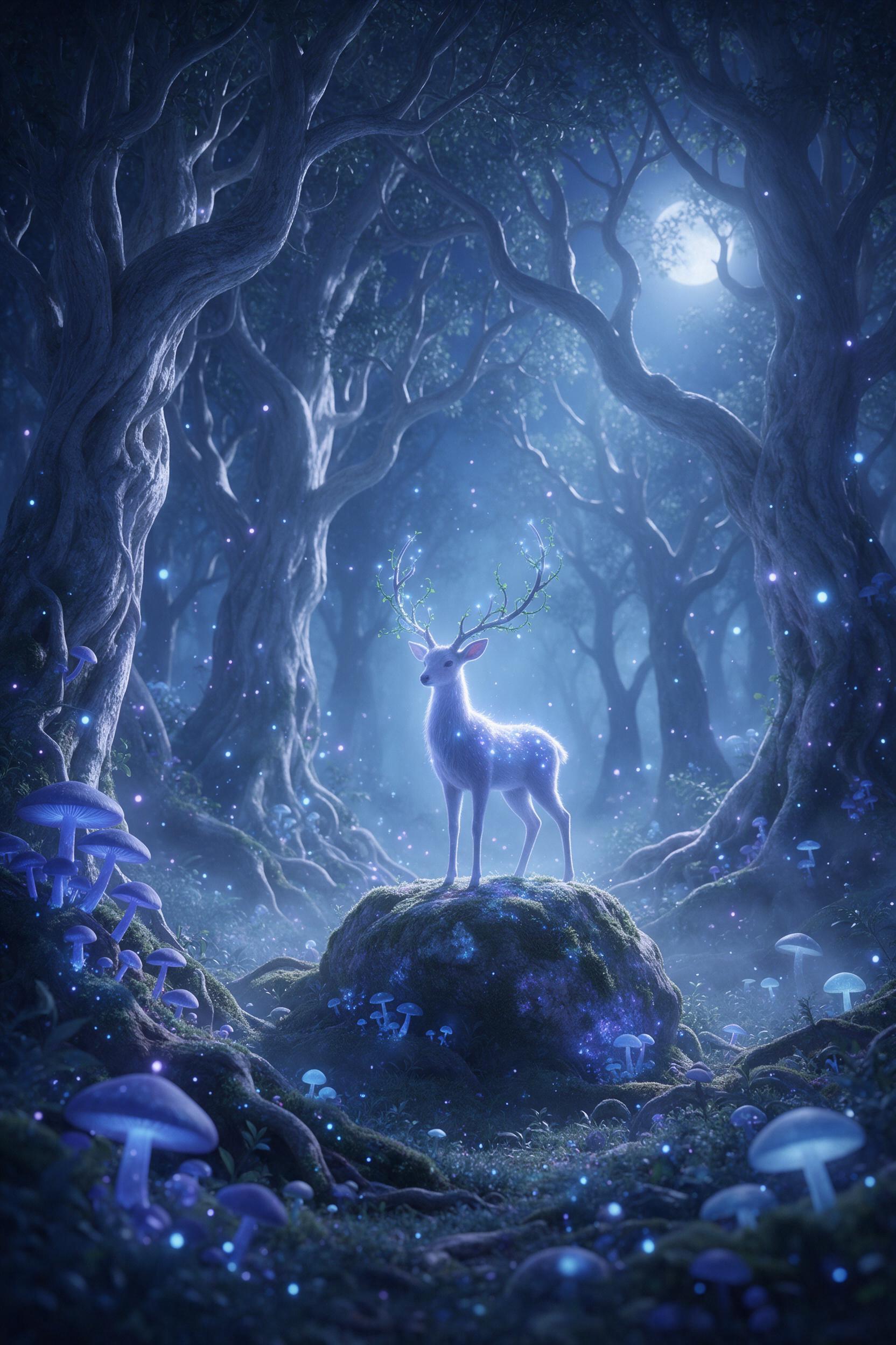A moonlit ancient forest where bioluminescent mushrooms and floating, glowing spores cast ethereal blue and violet light. Mist weaves between towering, twisted trees with silver bark. A small, luminous deer stands on a mossy stone at the center, antlers wrapped in soft, radiant vines. Serene and mag