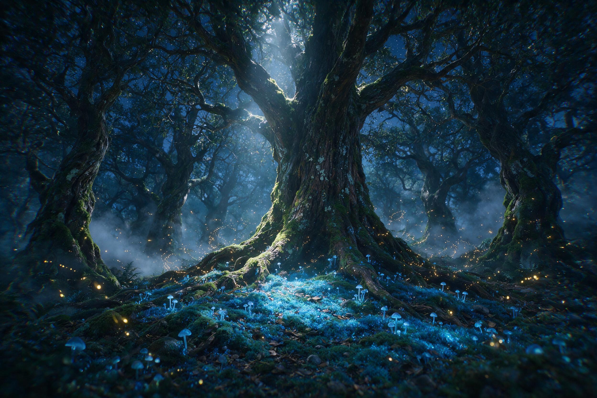 Ethereal forest at twilight, bioluminescent mushrooms and glowing blue moss carpet the ground, ancient gnarled trees with twisted roots, soft mist curls between trunks, a single beam of pale moonlight breaks through the canopy, fireflies dance in golden spirals, dreamlike atmosphere with subtle chro