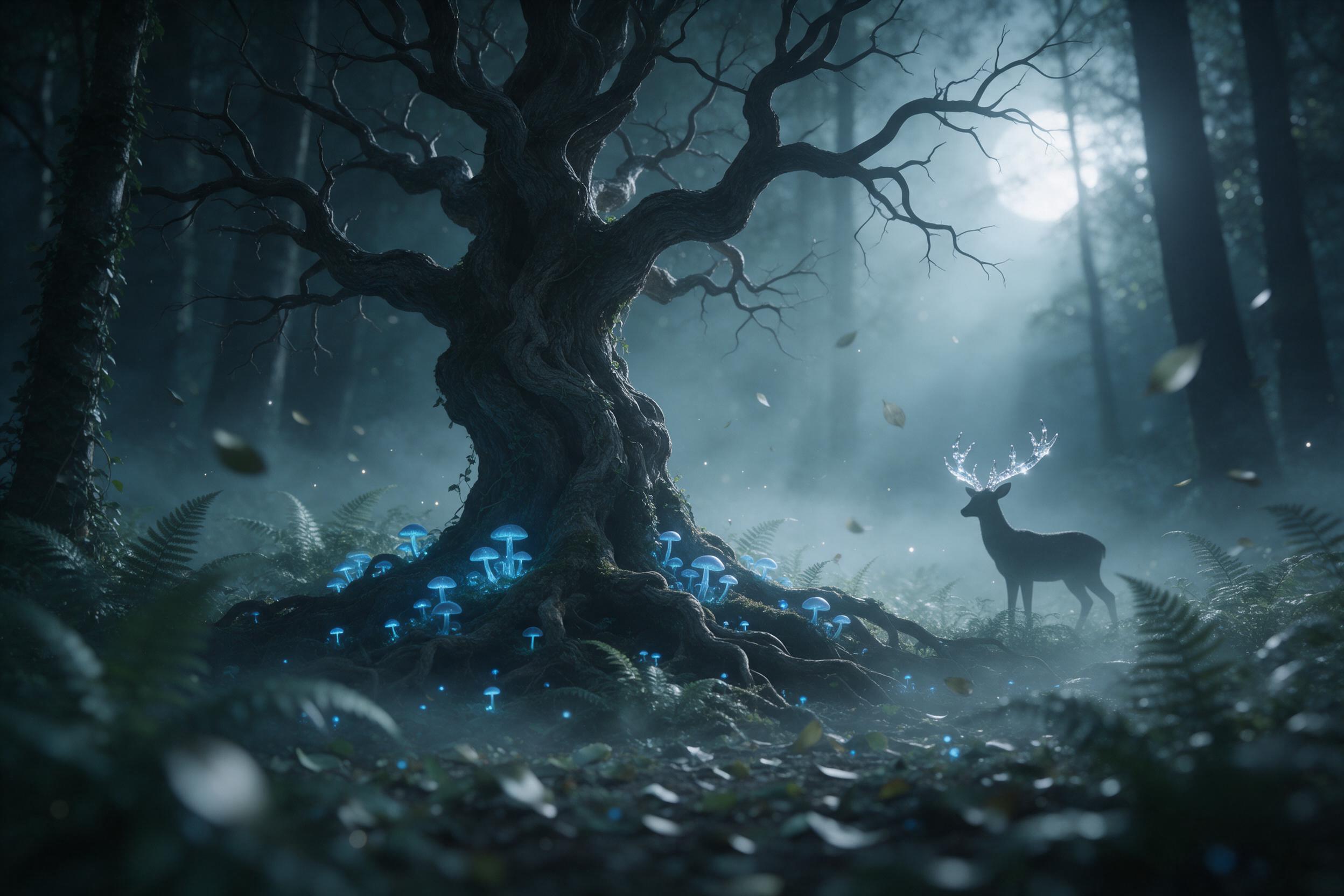 A quiet moonlit glade where glowing blue mushrooms grow at the base of an ancient twisted oak, soft mist curling between ferns, a small silhouette of a deer with antlers of crystal stands at the edge, cool teal and silver palette, gentle volumetric light filtering through canopy, shallow depth of fi