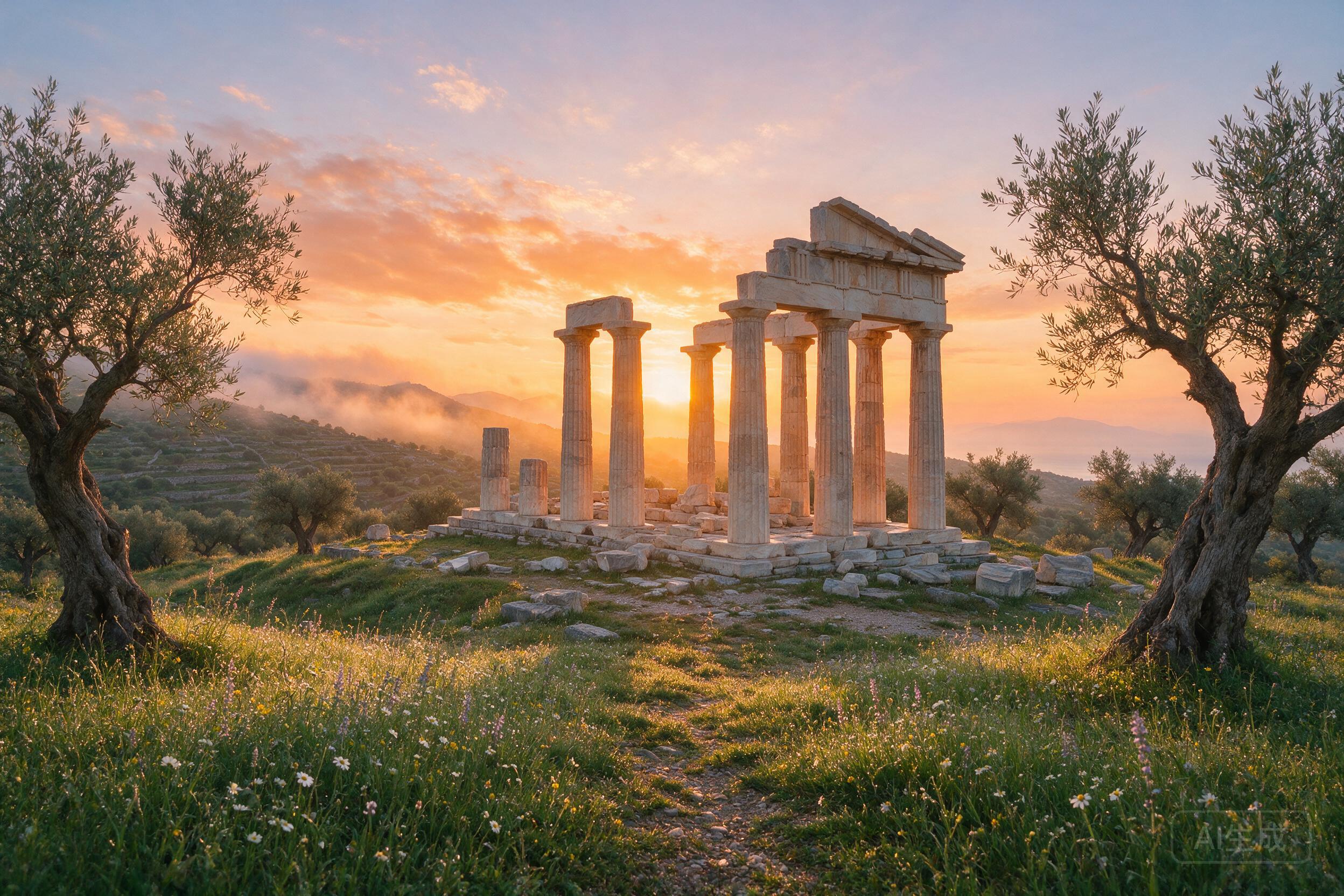 Ancient Greek temple ruins at dawn, columns silhouetted against the rising sun, olive trees, dewy grass
