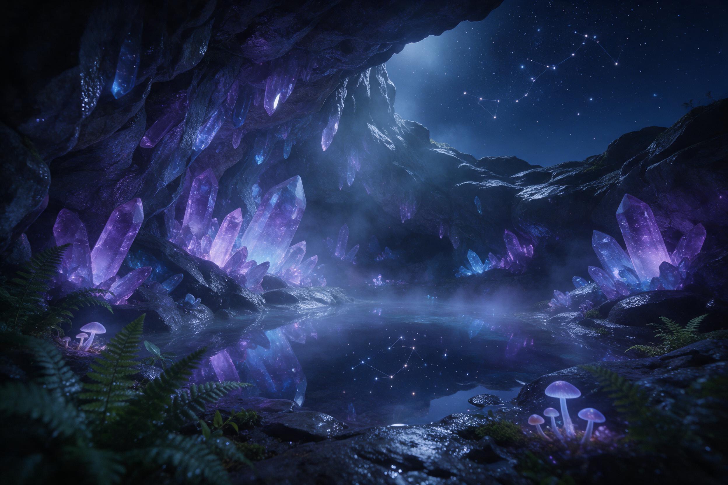 A luminous crystal grotto beneath a starry night sky, glowing purple and blue crystals jutting from wet stone walls, a shallow mirror-like pool reflecting distant constellations, soft bioluminescent mist drifting, delicate ferns and glowing mushrooms in foreground, cool moonlight filtering through a