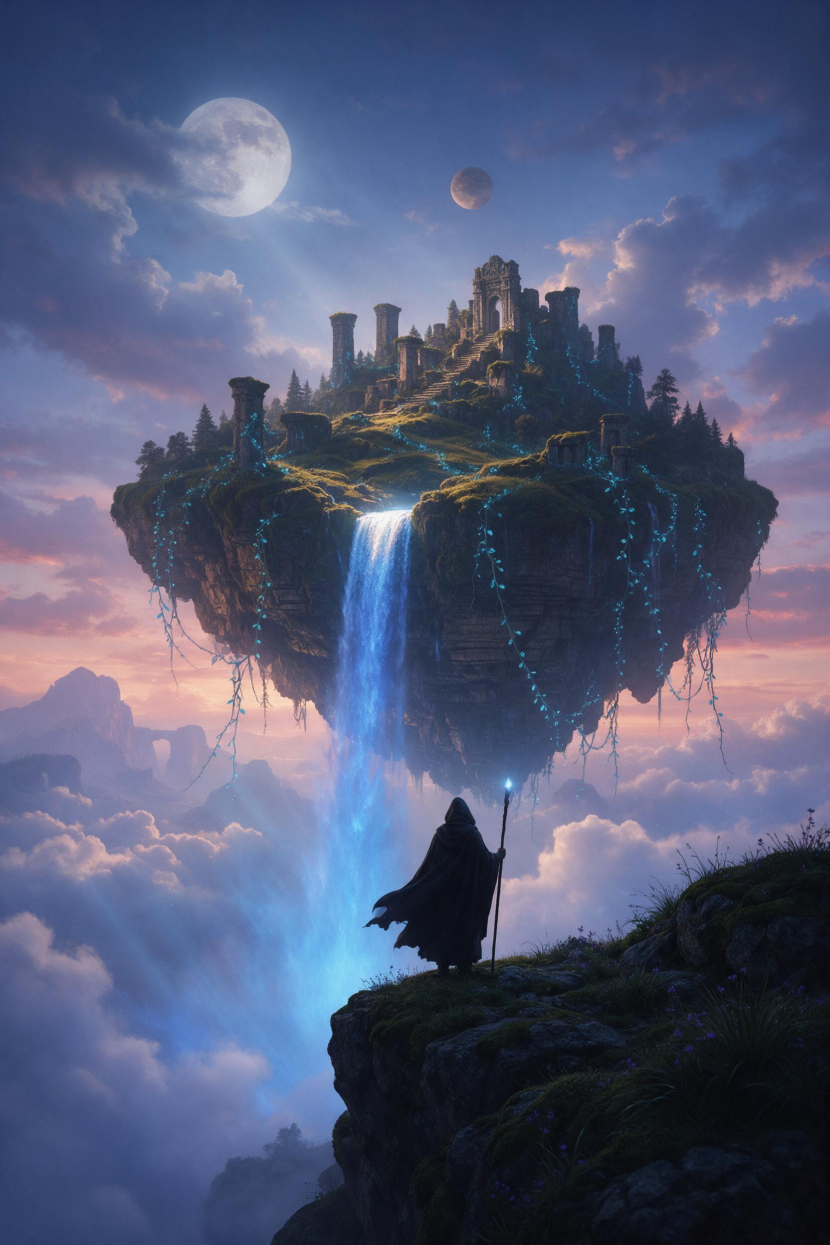 An ancient floating island with a glowing blue waterfall cascading into mist, mossy stone ruins and bioluminescent vines, twilight sky with two moons and drifting clouds, soft volumetric light, a lone cloaked figure with a staff on a cliff edge, dramatic composition, fantasy art