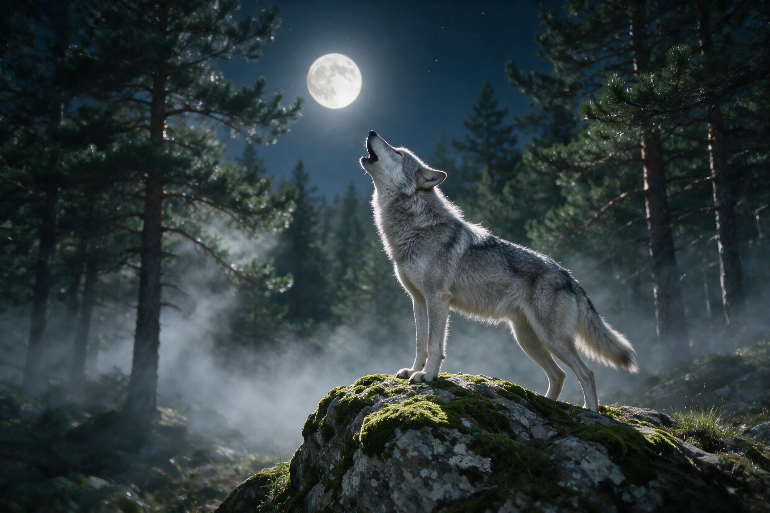 A lone wolf with silver fur stands on a mossy rock under a full moon, pine forest behind, mist rising from the ground, soft moonlight filtering through branches, shallow depth of field, slight camera shake, natural color palette.