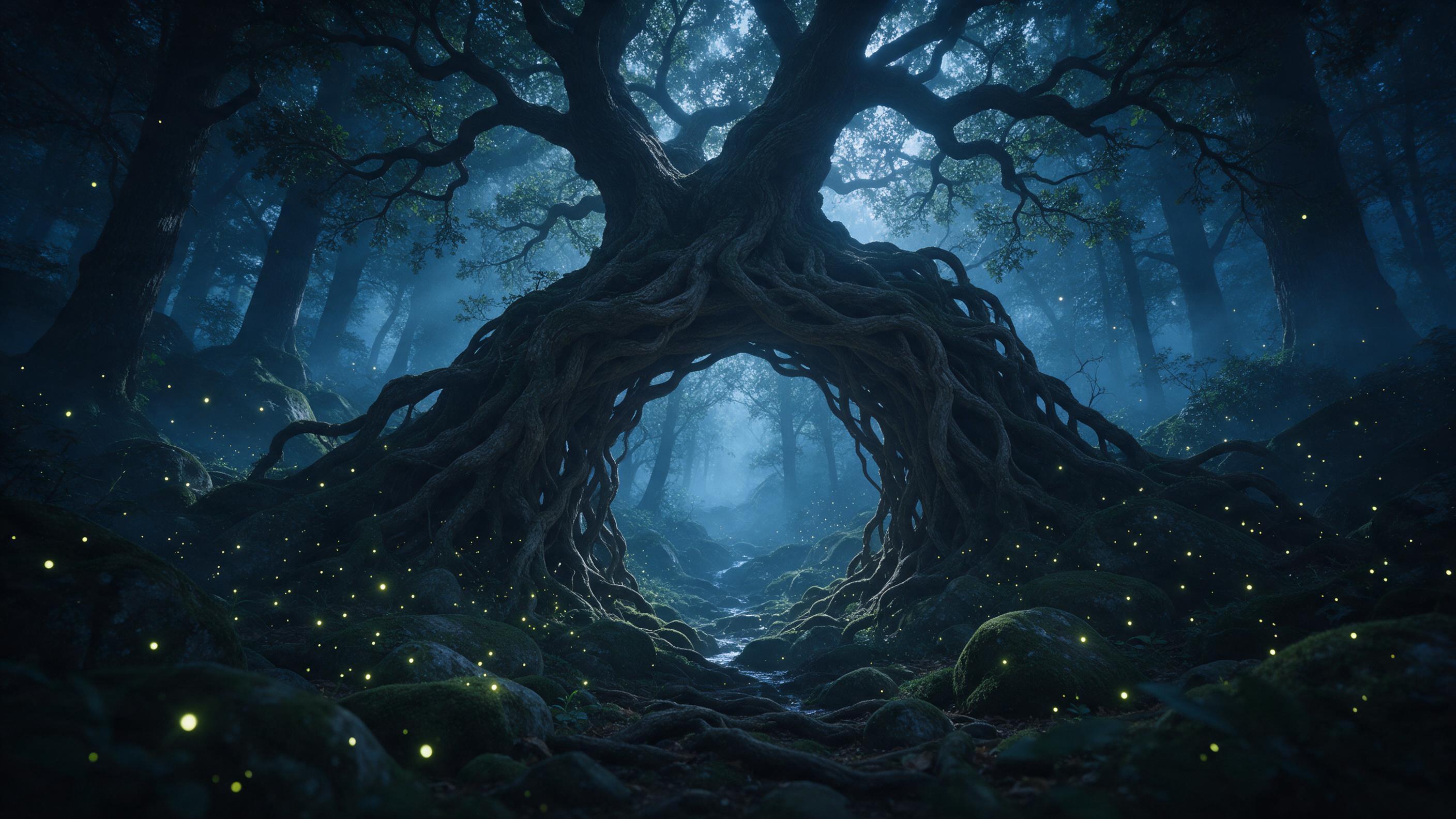 An ancient forest shrouded in blue mist, massive twisted oak roots forming a natural archway, glowing fireflies floating like stars among moss-covered stones, a faint silver stream winding through the undergrowth, shafts of ethereal moonlight piercing the canopy, cinematic depth, soft ambient glow