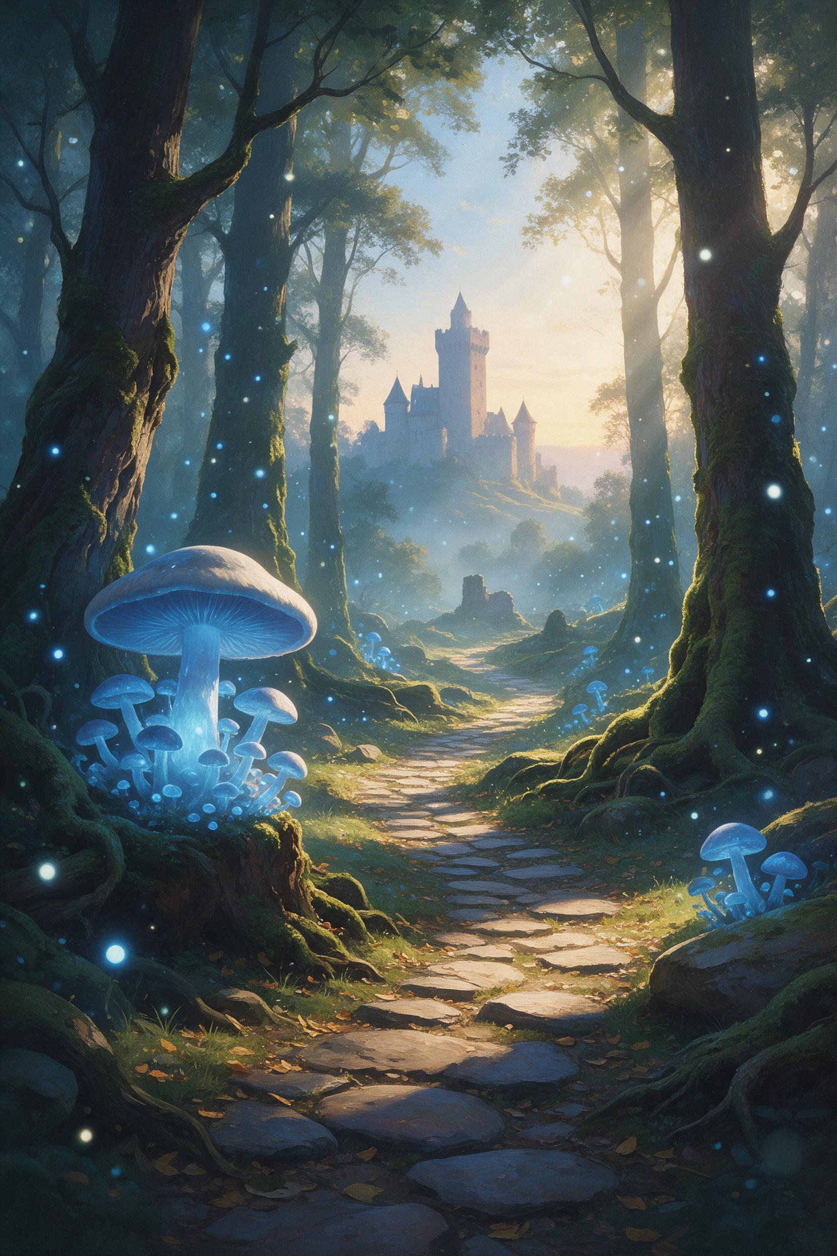 A misty ancient forest at dawn, giant glowing mushrooms casting soft blue light on a winding stone path, ethereal fireflies floating between mossy trees, distant silhouette of a castle tower, volumetric rays through canopy, painterly style