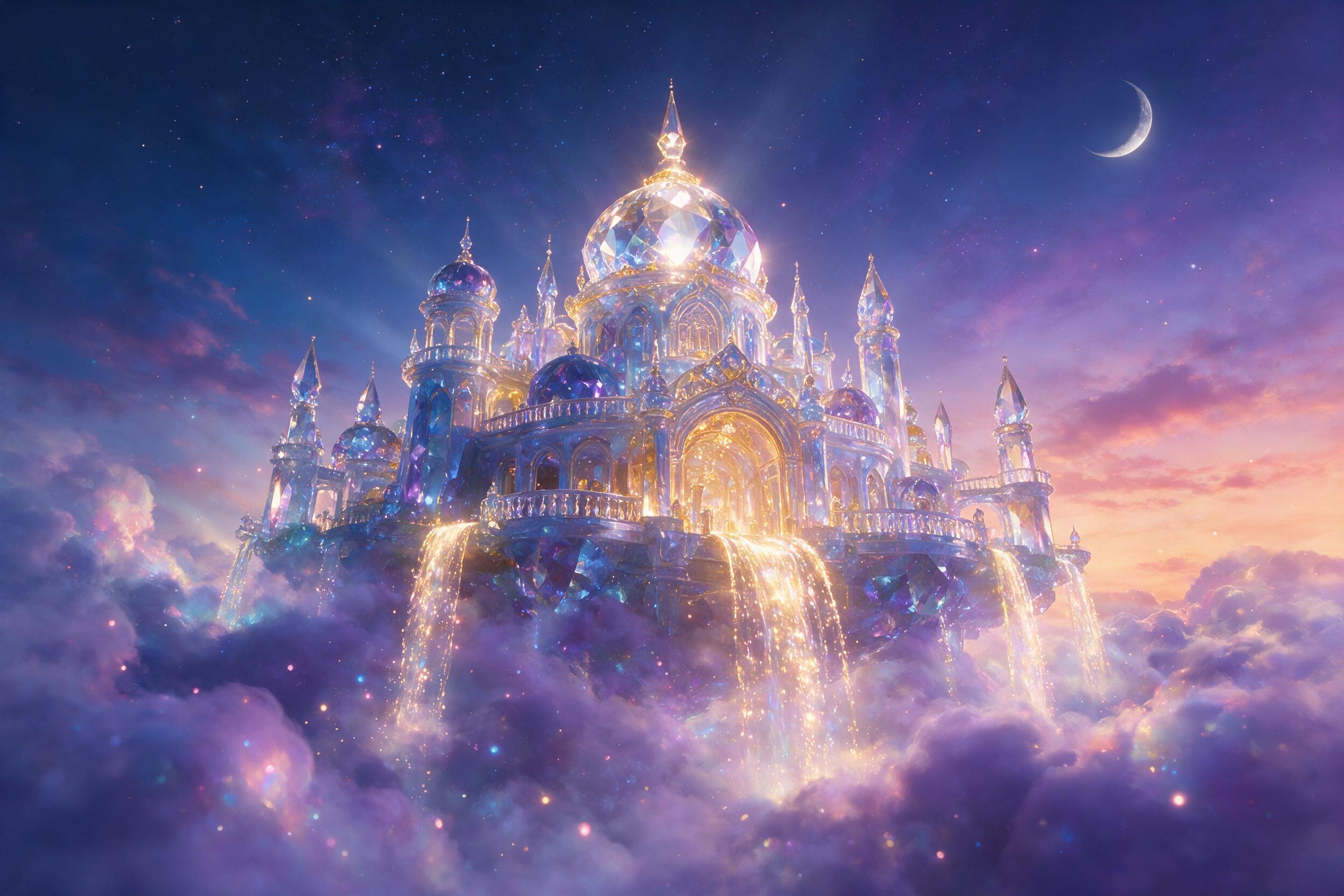 A glowing crystal palace floating above a misty valley at twilight, with luminous waterfalls cascading into violet clouds, soft magical light rays piercing through the mist, ethereal atmosphere, shot from a low angle looking up, dreamy and surreal.
