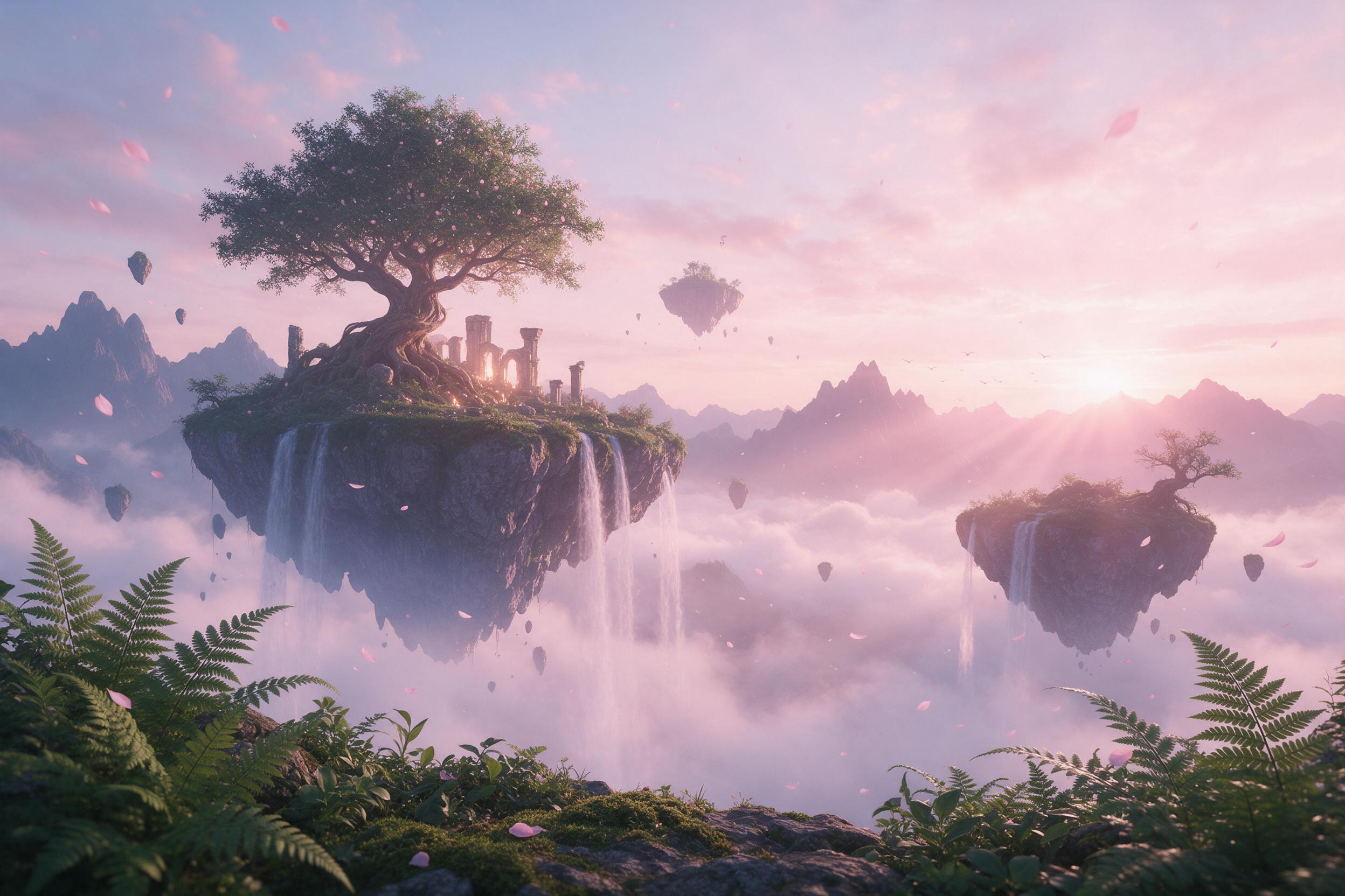 A misty valley at dawn, floating islands with ancient trees, waterfalls cascading into clouds, soft pink and gold light rays, delicate petals drifting, ambient glow from hidden ruins, dreamy atmosphere, detailed foreground ferns, distant silhouettes, gentle vignette
