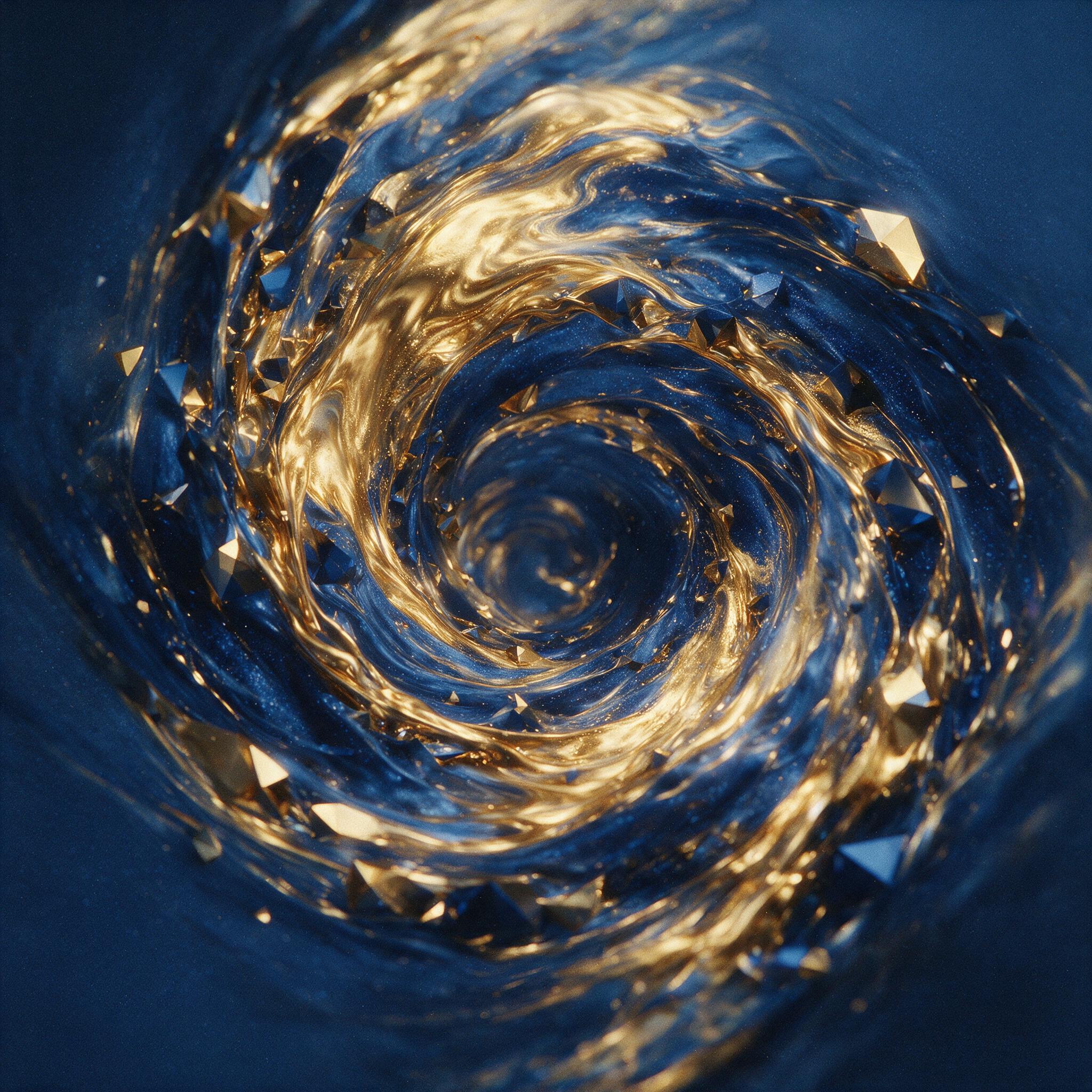 A swirling vortex of molten gold and deep indigo, fluid geometric shapes colliding, soft diffused light from above, subtle grain, minimalistic composition with negative space, slight camera motion blur, 35mm film aesthetic