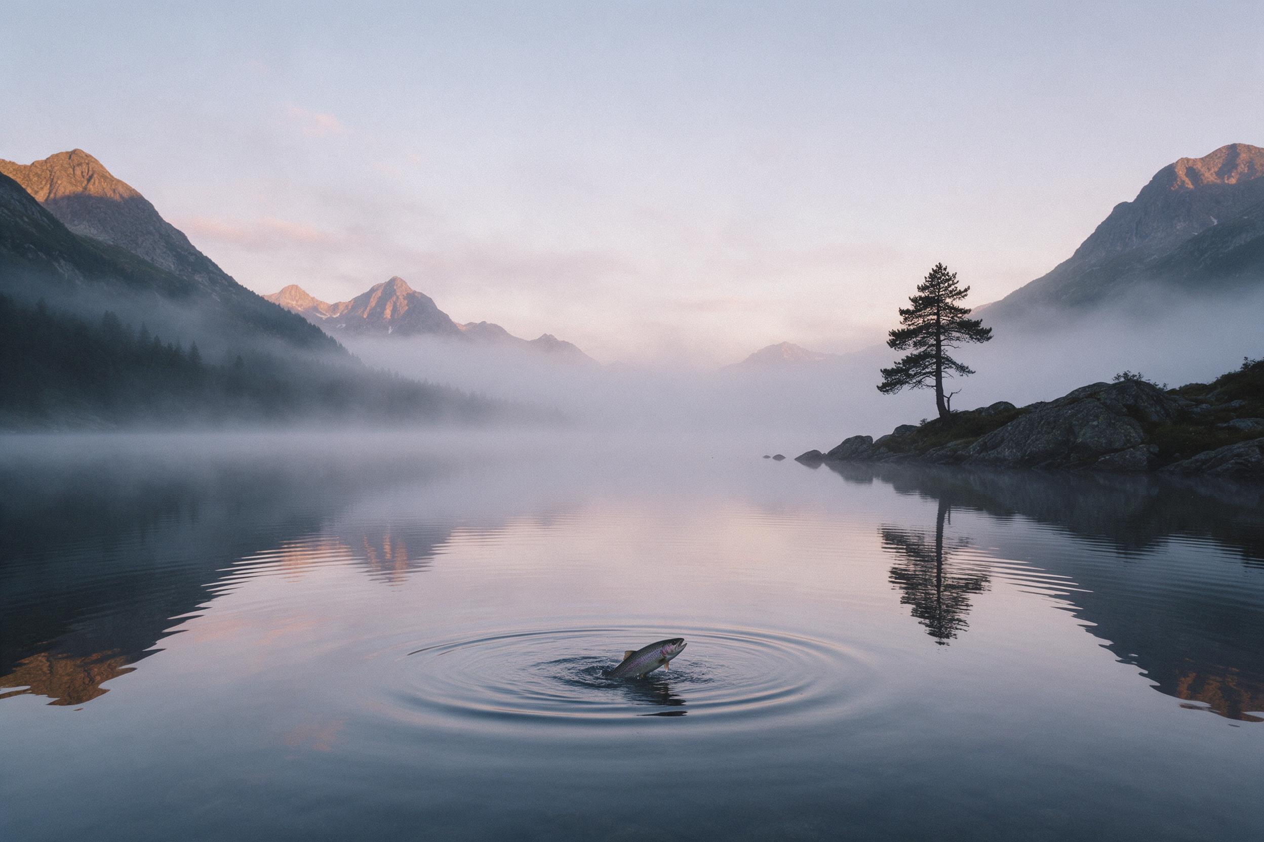 Misty alpine lake at dawn, surrounding peaks catch first light, still water reflects soft pastel sky, a lone pine tree silhouetted on rocky shore, gentle ripples from a rising trout, muted colors with subtle grain