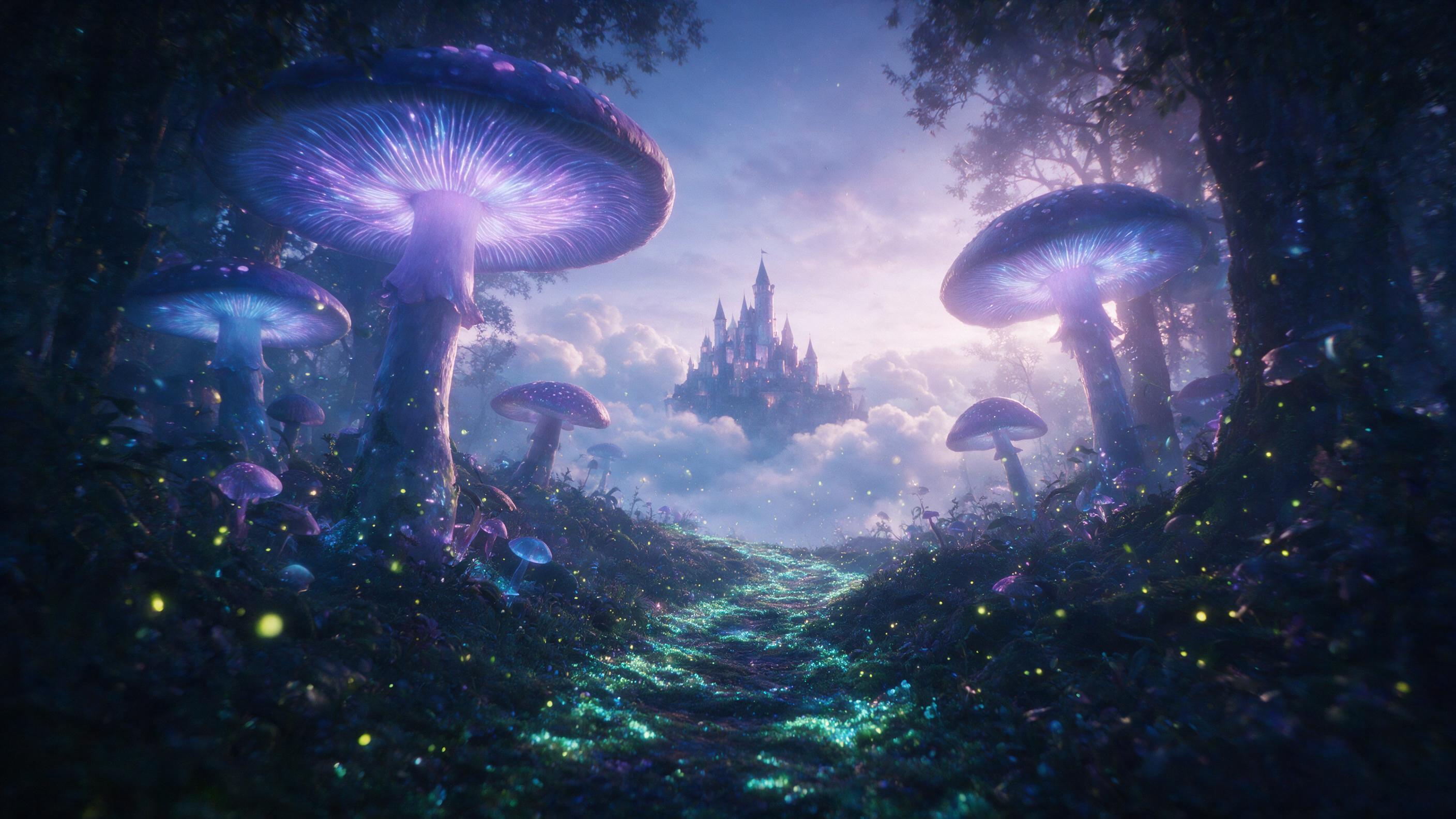 An enchanted forest at twilight, massive bioluminescent mushrooms glow in soft purple and blue hues, a winding path of glowing moss leads to a distant castle floating among clouds, fireflies dance in the misty air, soft backlighting creates ethereal atmosphere, slight camera shake adds dreamy feel.