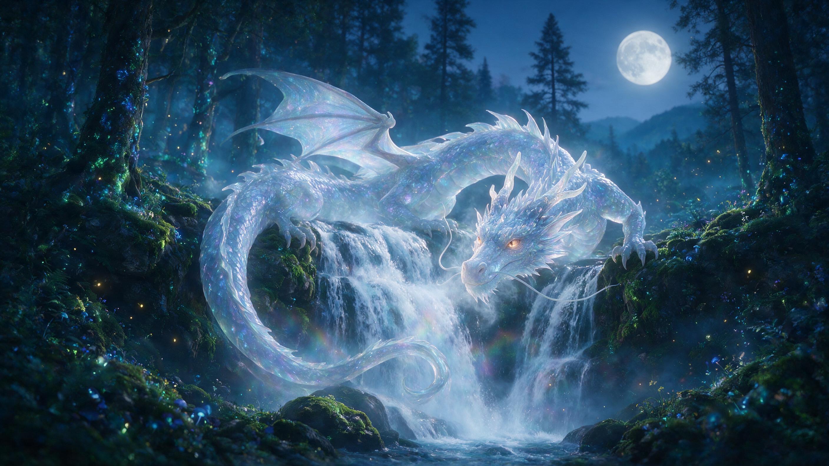 A glowing, translucent dragon coiling around a moonlit waterfall in a bioluminescent forest, fireflies and soft blue mist, dreamlike atmosphere, shallow depth of field, natural lighting, cinematic composition