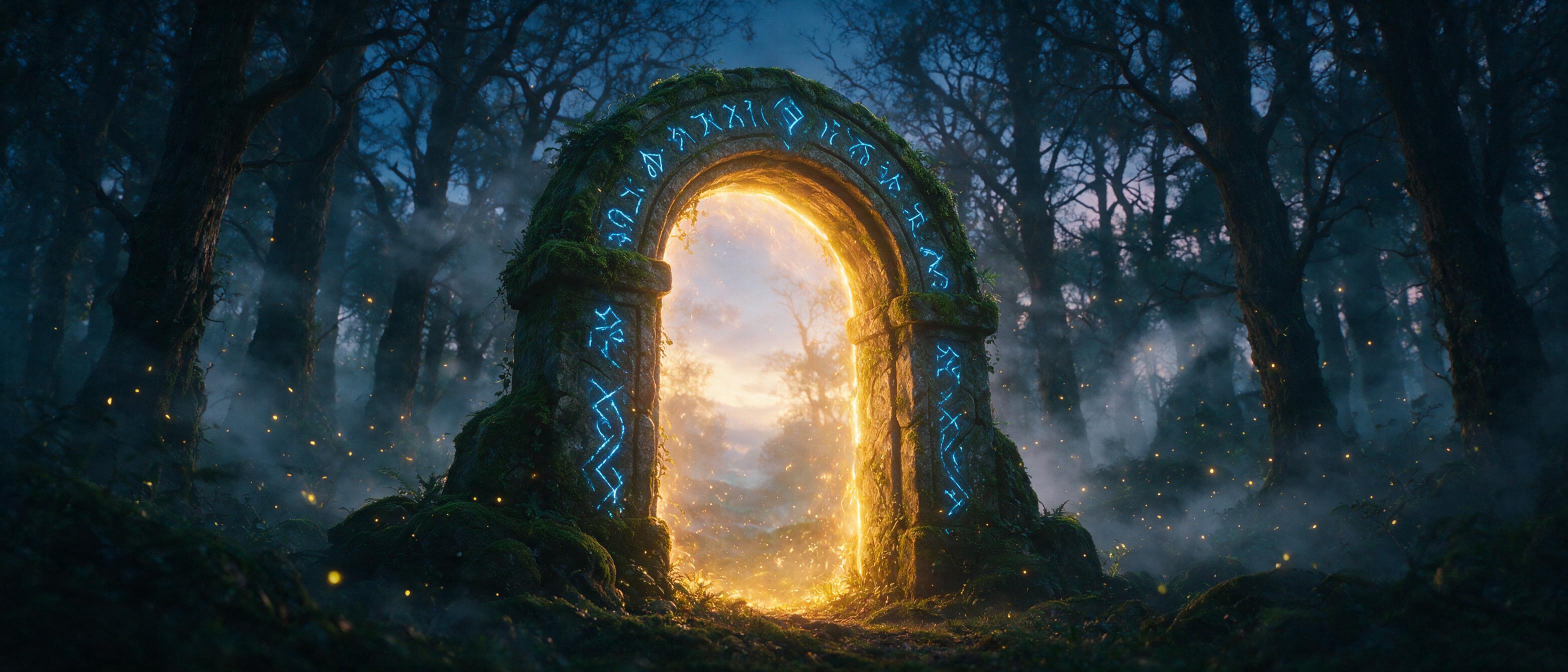 An ancient, moss-covered stone archway stands alone in a misty twilight forest, glowing blue runes etched into its surface, soft golden light spilling from the arch, silhouettes of tall twisted trees, fireflies dancing in the air, cinematic composition, natural fog, warm amber and cool teal tones.