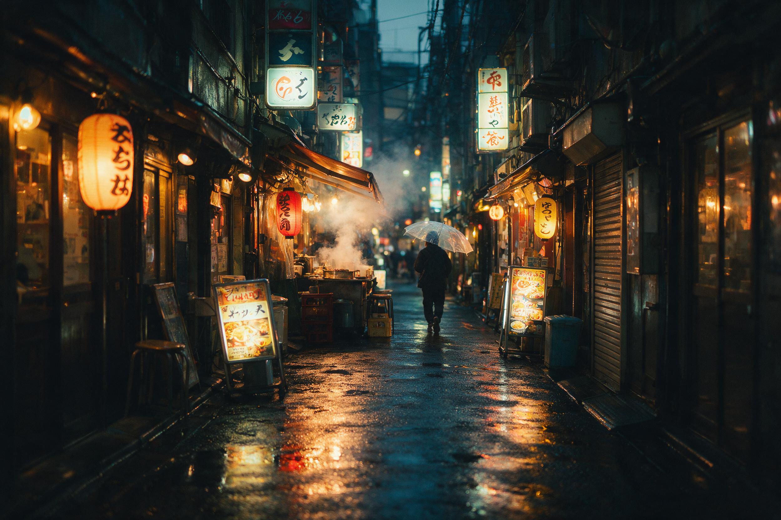 A narrow, rain-soaked alley in Tokyo at dusk, glowing neon signs reflecting on wet asphalt, a lone figure with a transparent umbrella walking away, steam rising from a food stall, shallow depth of field, slight motion blur, warm amber and cool cyan tones