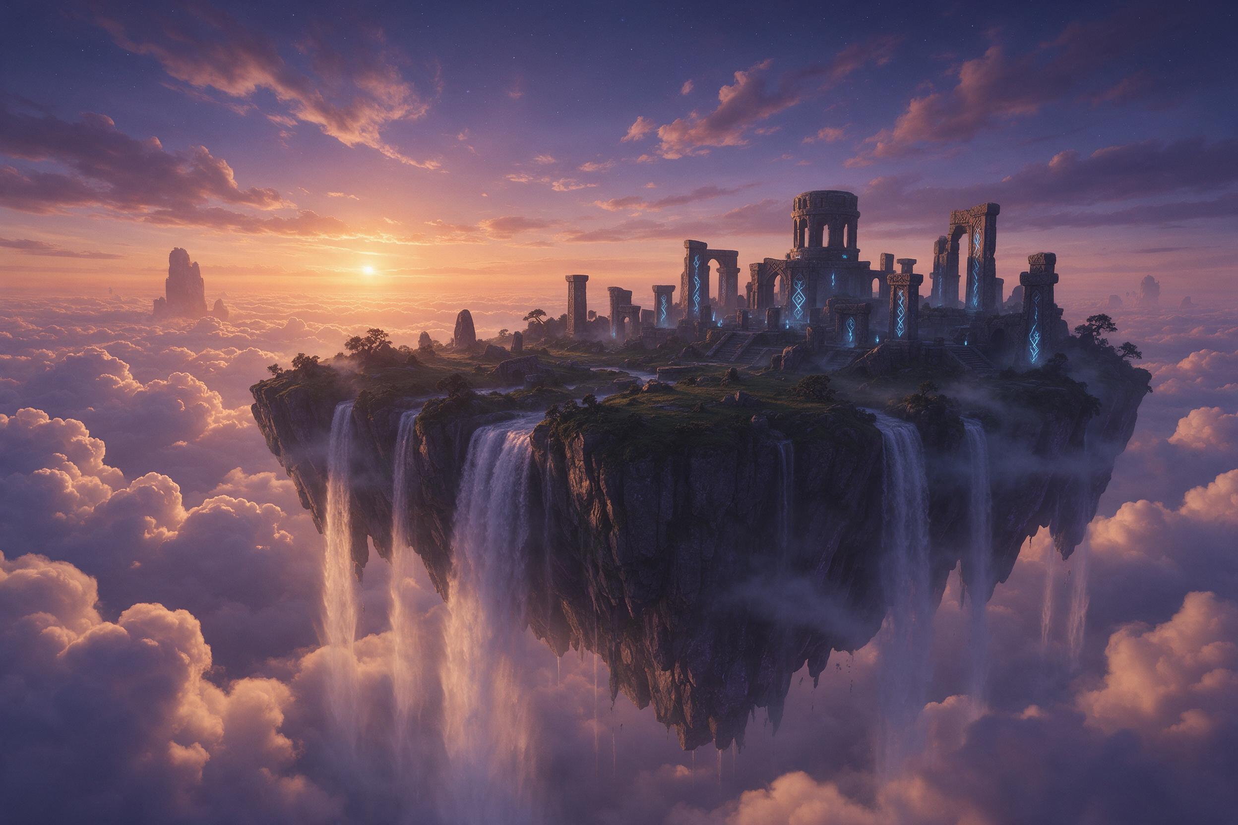 A floating island in twilight sky, waterfalls pouring into clouds below, ancient ruins with glowing blue runes, ethereal mist, warm orange horizon contrast with cool purple shadows, wide-angle composition