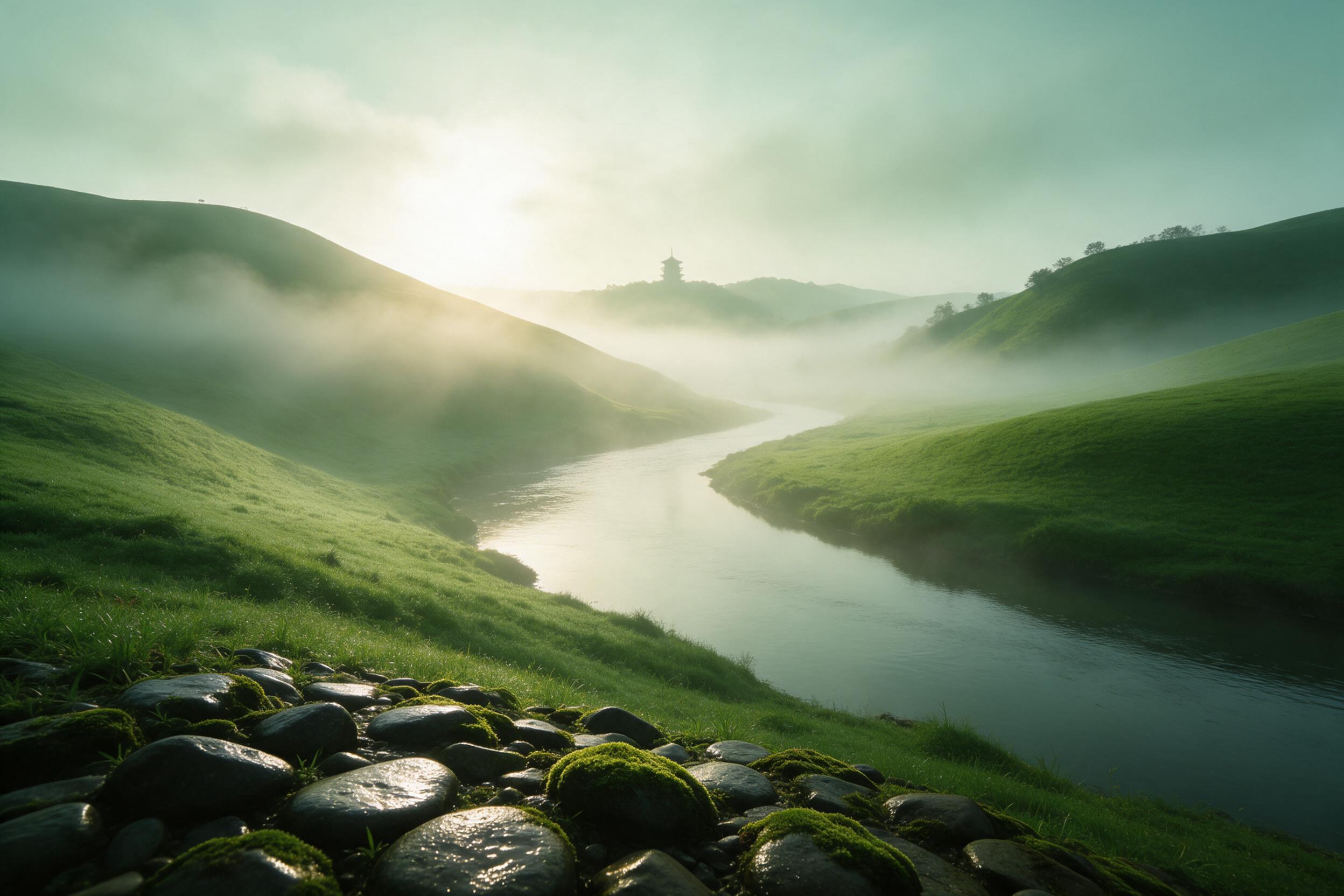 Morning mist over a winding river through emerald green hills, soft golden sunlight breaking through, distant pagoda silhouette, wet stones in foreground with moss, serene atmosphere, natural lighting, gentle gradient of green tones, minimalist composition