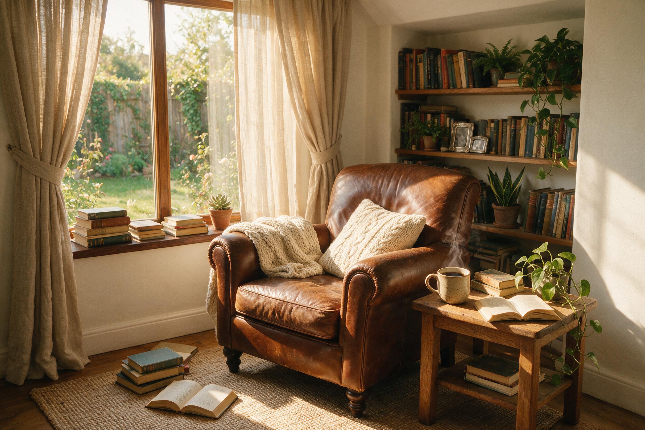 A cozy, sunlit reading nook with a worn leather armchair beside a large window, soft morning light casting long shadows, a steaming mug of coffee on a small wooden table, surrounded by scattered books, natural textures, slight grain from a vintage film camera.