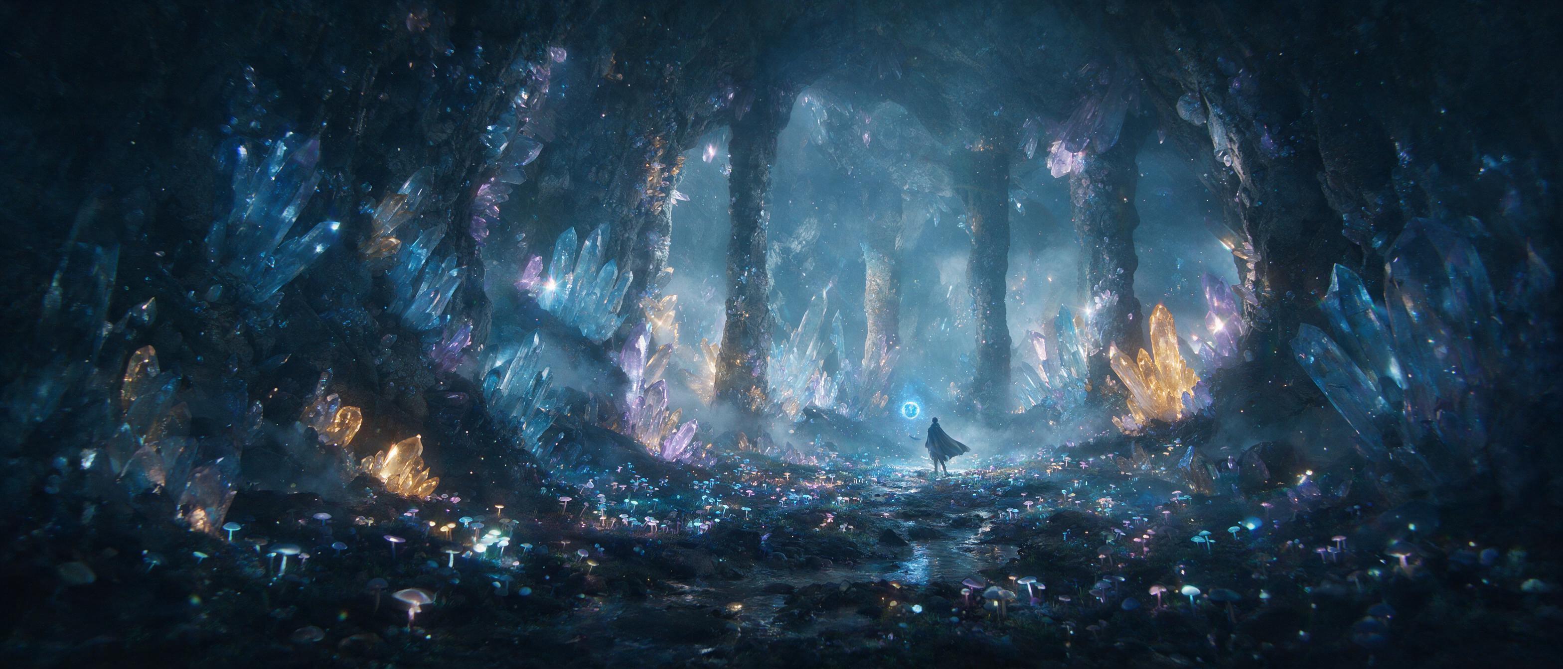 A luminous crystal cave deep underground, glowing bioluminescent mushrooms carpeting the floor, a lone figure in a flowing cloak stands before a floating orb of blue light, soft mist swirls around the pillars, ethereal atmosphere, cinematic lighting with warm and cool contrast, slight lens flare.