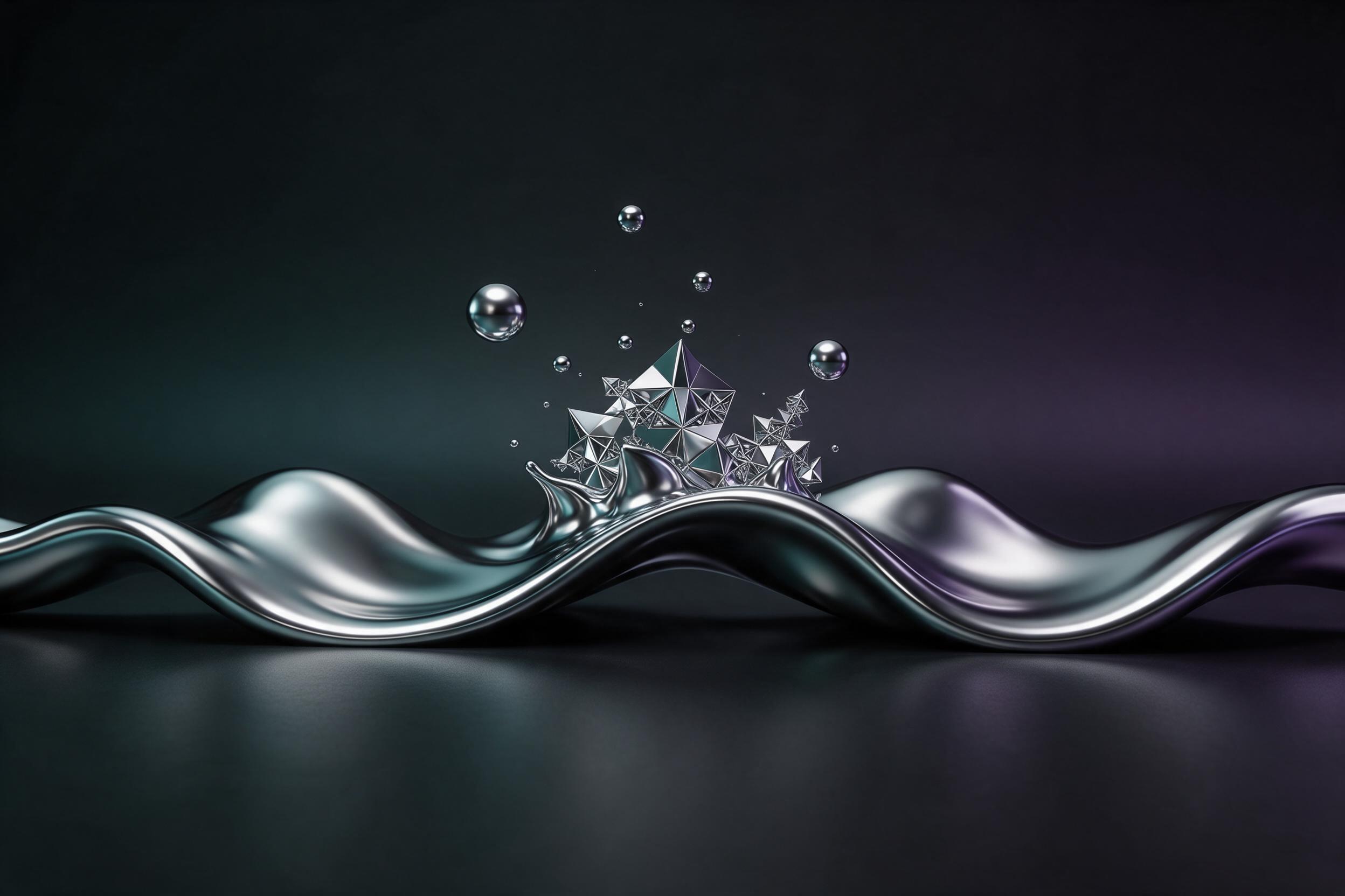 Liquid chrome waves flowing over a dark matte surface, intricate geometric fractals emerging from the splashes, soft studio lighting with gentle color gradients of teal and violet, minimalist composition with negative space, smooth reflections and sharp highlights, no text or watermarks