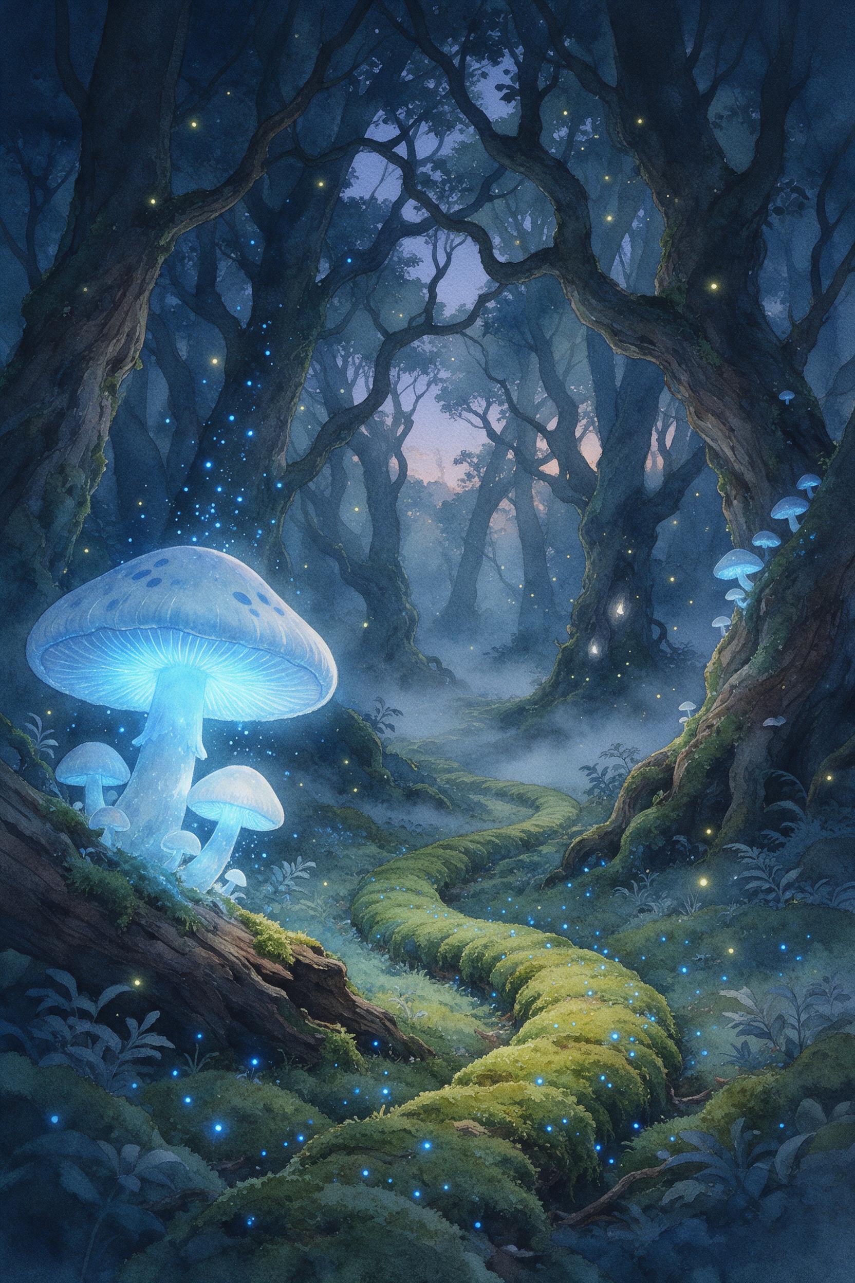 Enchanted forest at twilight, giant glowing mushrooms with bioluminescent blue spores, winding path of moss, fireflies dancing around ancient twisted trees, mist weaving between branches, soft ethereal light piercing through canopy, serene and mysterious atmosphere, watercolor texture