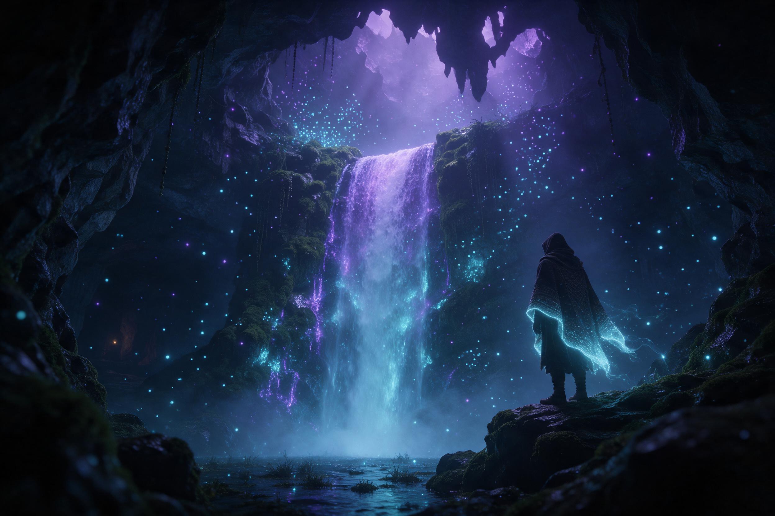 A hidden luminous waterfall cascading down a moss-covered cliff inside a bioluminescent cavern, glowing cyan and violet spores drifting in the mist, a lone traveler in a glowing cloak observing from a rocky ledge, soft volumetric light filtering through jagged openings above, serene and mysterious a
