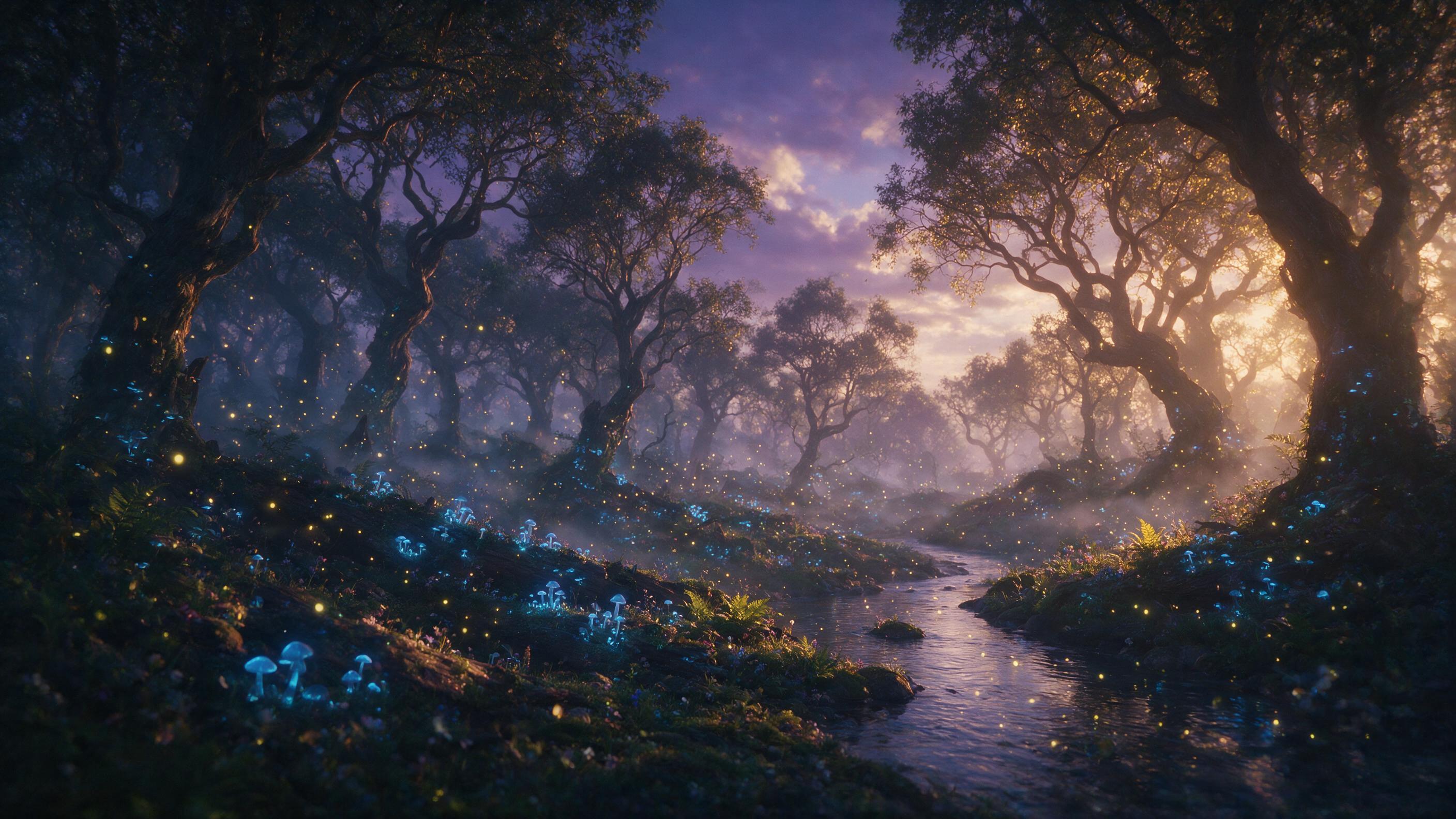 An ethereal, glowing forest at twilight with bioluminescent blue mushrooms and floating fireflies, soft mist between ancient twisted trees, a gentle stream reflecting the light, warm golden hour glow from the right, shallow depth of field, slight haze, cinematic composition