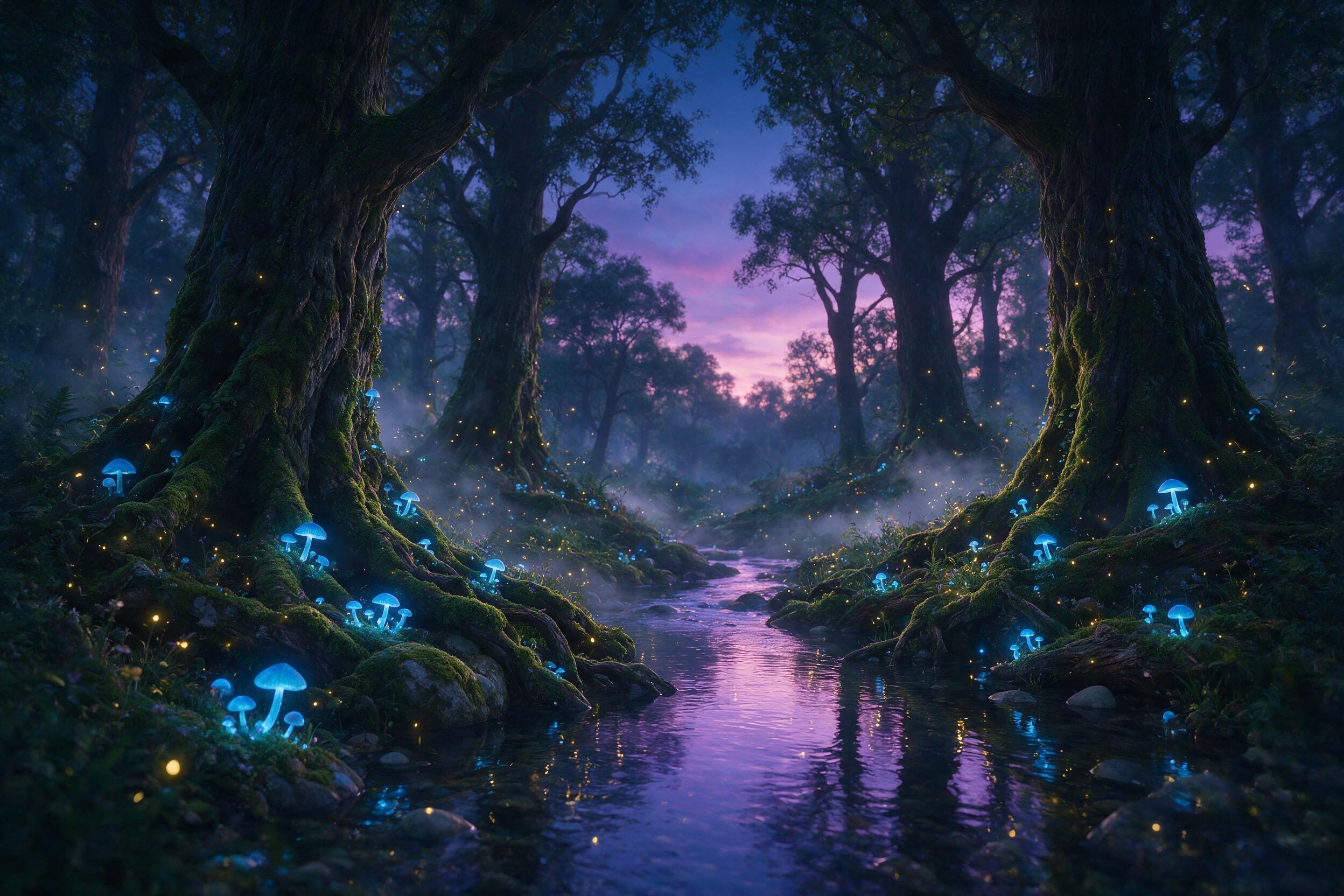 A luminous forest at twilight, ancient trees with glowing blue mushrooms and floating fireflies, a crystal-clear stream reflecting the purple sky, soft mist weaving between mossy roots, dreamy atmosphere with shallow depth of field