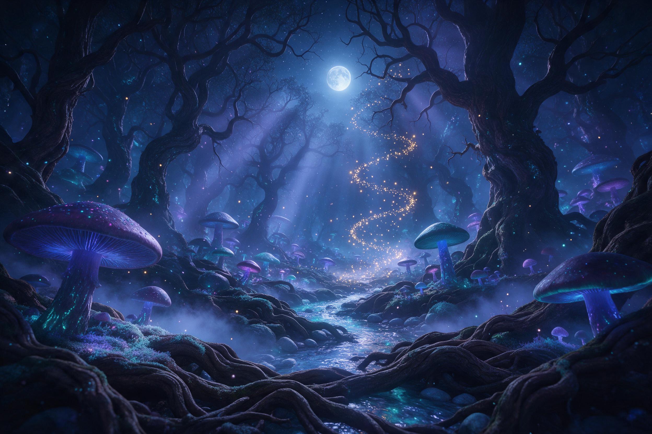 A moonlit bioluminescent forest with colossal glowing mushrooms and floating spores, a winding crystal stream reflecting teal and violet light, ethereal mist between ancient twisted roots, fireflies forming spiral trails, soft volumetric god rays cutting through canopy, ultra-wide angle, surreal vib
