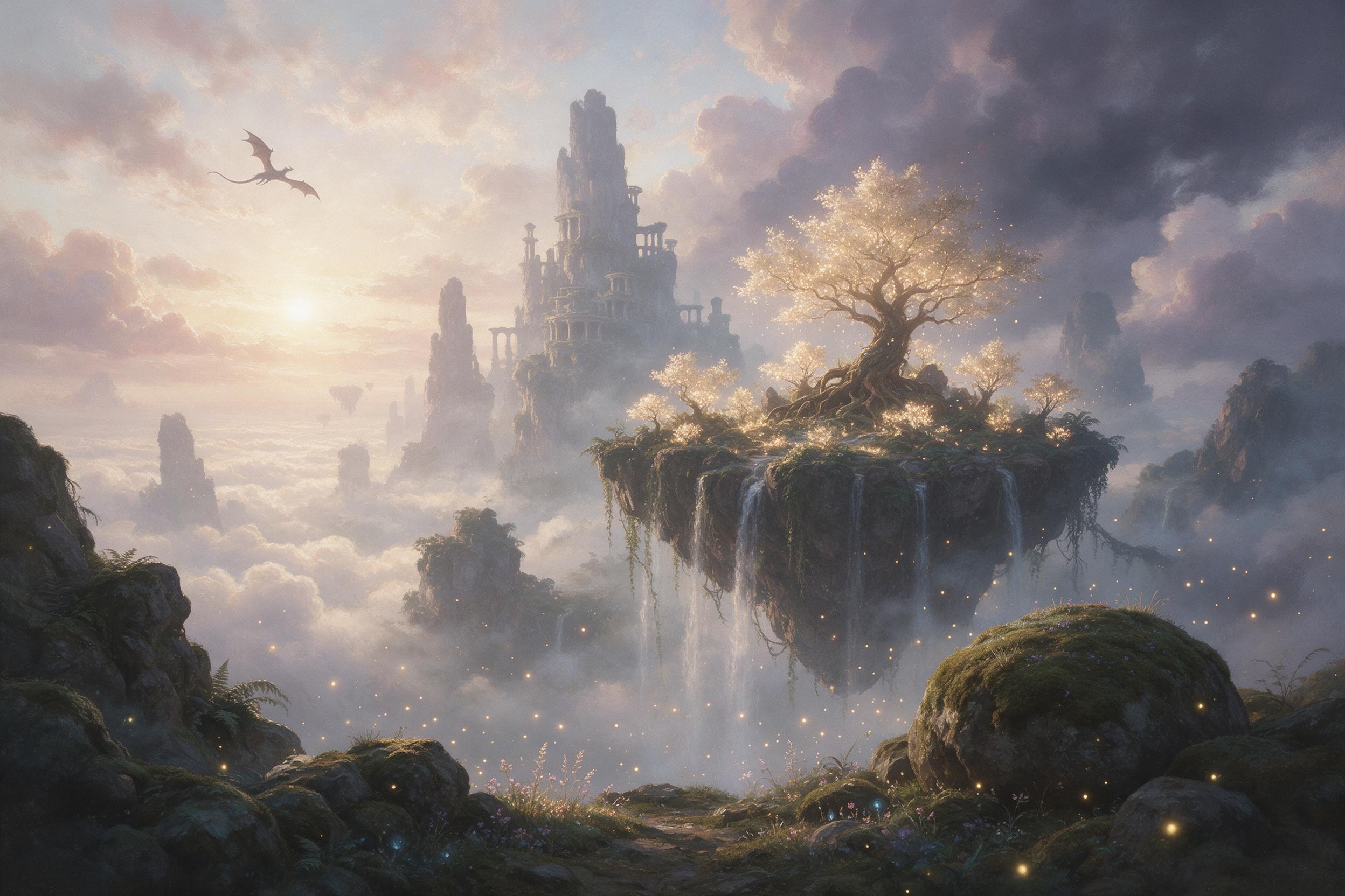 A floating island with cascading waterfalls, ancient glowing trees, fireflies drifting in mist, soft dawn light filtering through clouds, a dragon silhouette circling in the distance, layered composition with foreground mossy rocks and background towering spires, ethereal atmosphere, painterly textu