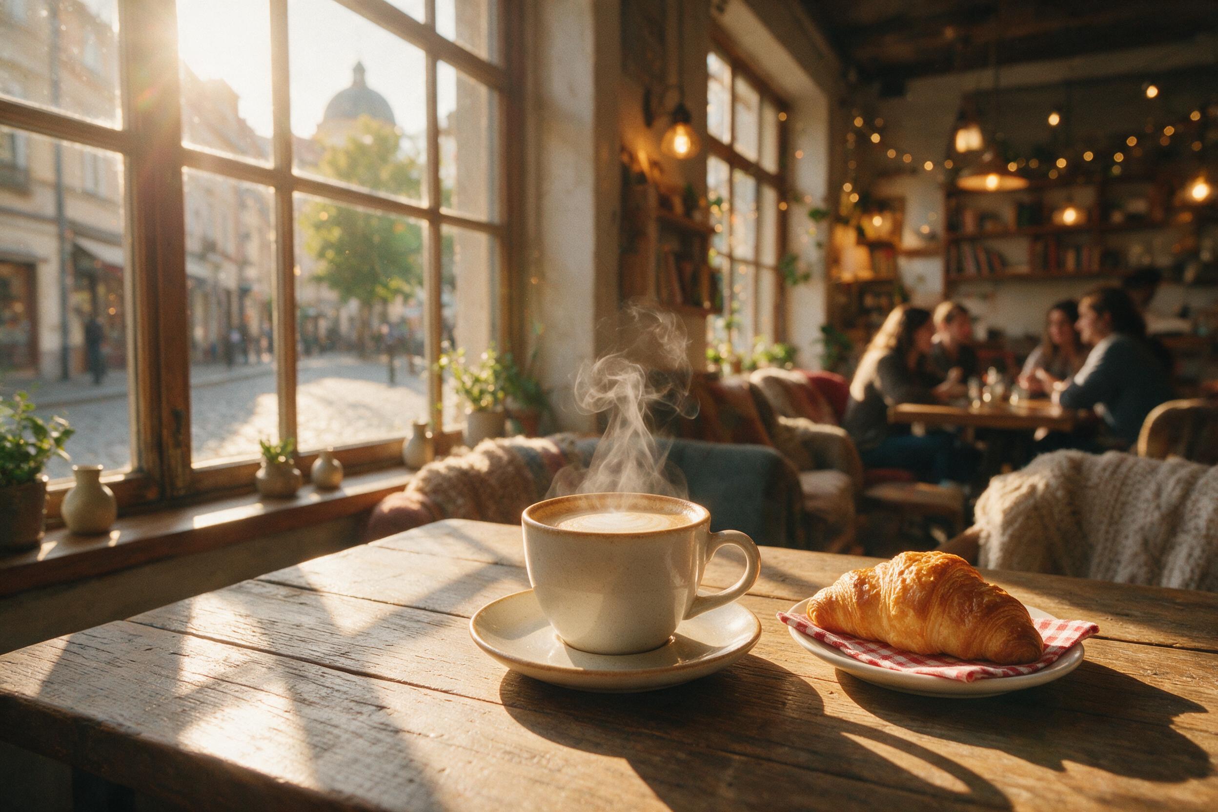 A cozy cafe interior at golden hour, warm sunlight streaming through a large window, casting long shadows on a wooden table, a steaming cup of coffee and a croissant, soft bokeh background, film grain, natural lighting, slight lens flare