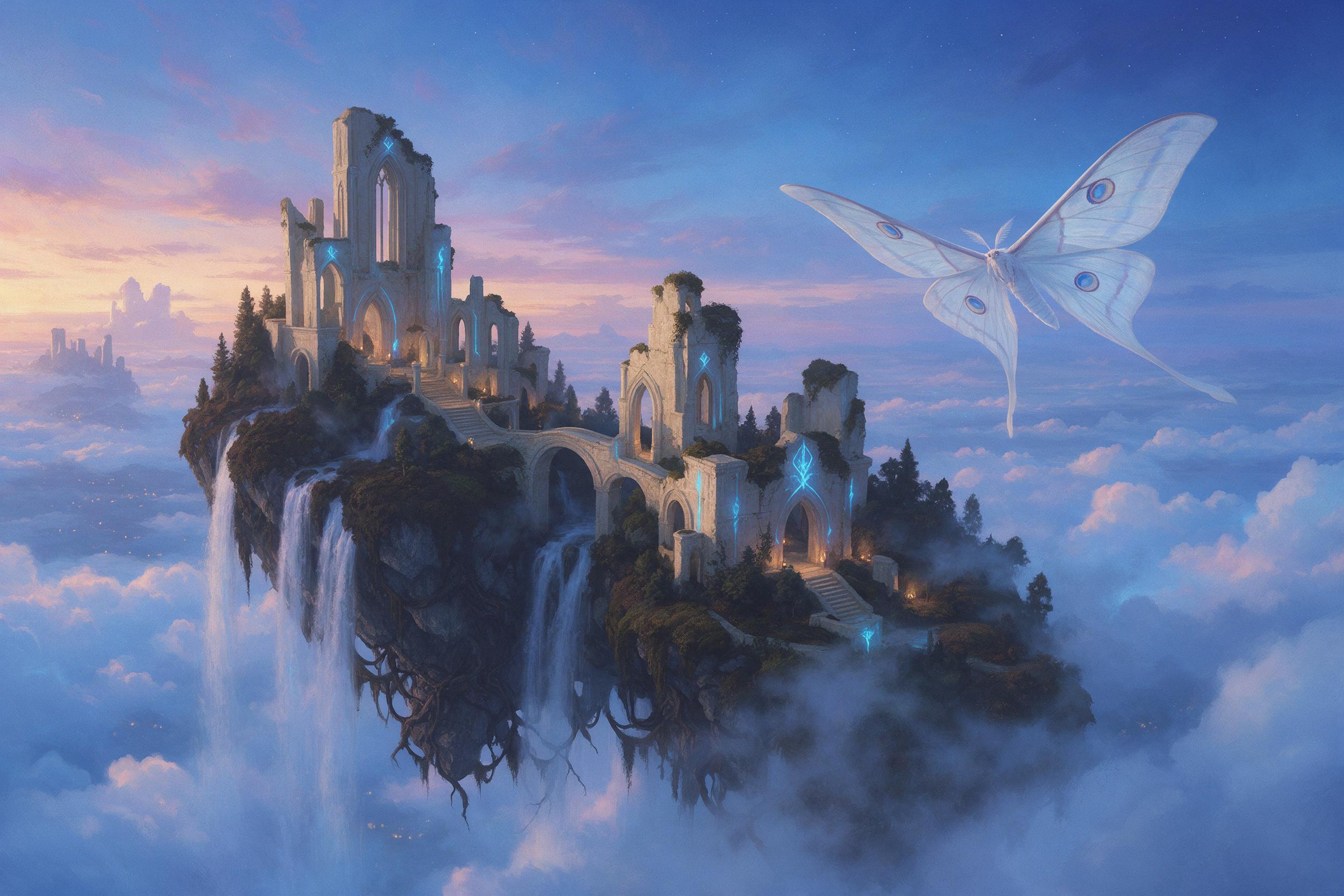 A luminous floating island at dusk, waterfalls cascading into a sea of glowing clouds, ancient stone ruins with glowing blue runes, giant lunar moth flying, warm amber light from hidden lanterns, cool blue twilight, dramatic aerial perspective, ethereal mist, painterly texture