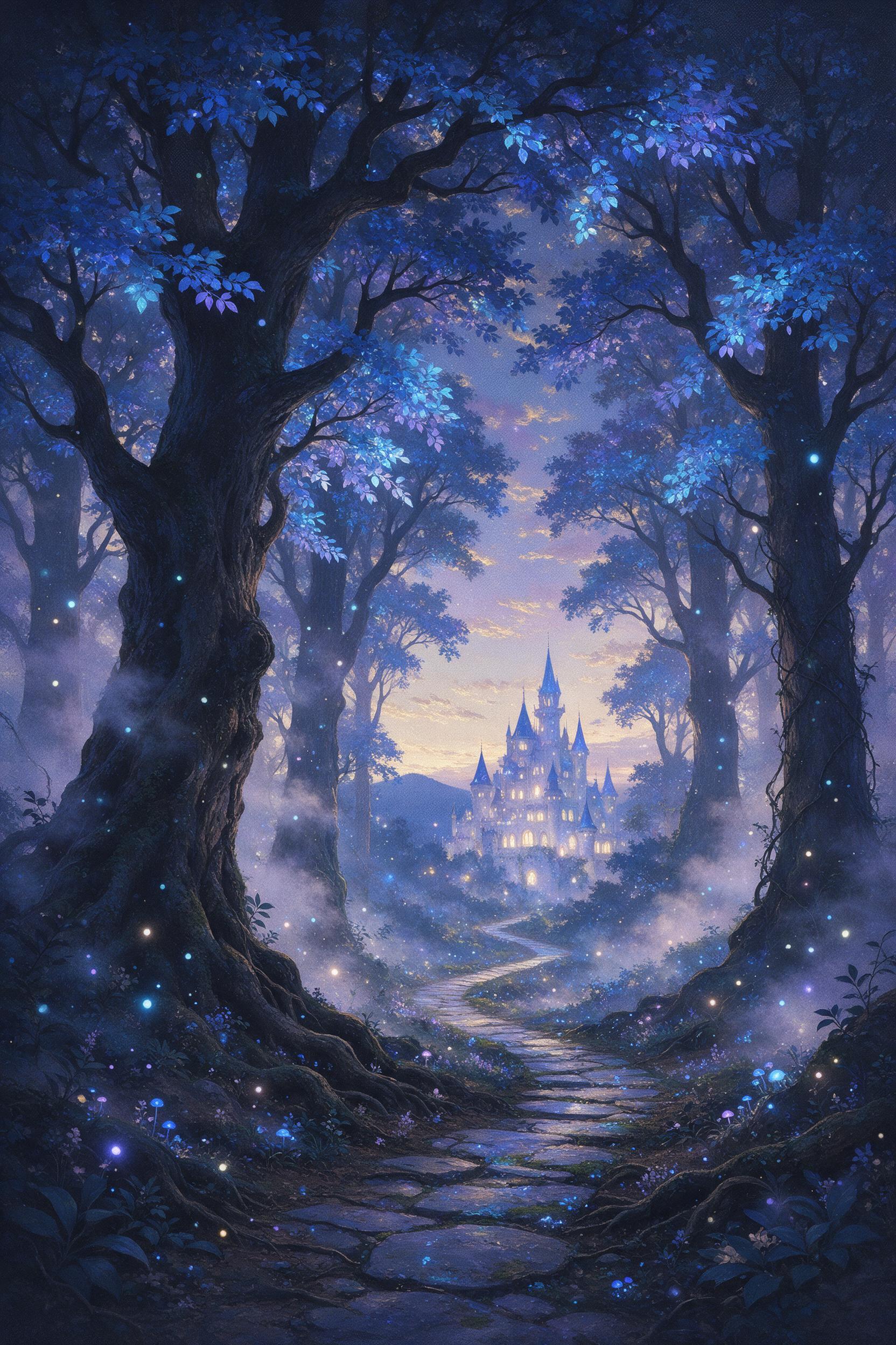 A bioluminescent forest at dusk, towering ancient trees with glowing blue and purple leaves, ethereal mist weaving between trunks, tiny floating lights like fireflies, a winding path leading to a distant shimmering castle, soft fog diffusing the light, painterly style with rich textures, serene and 