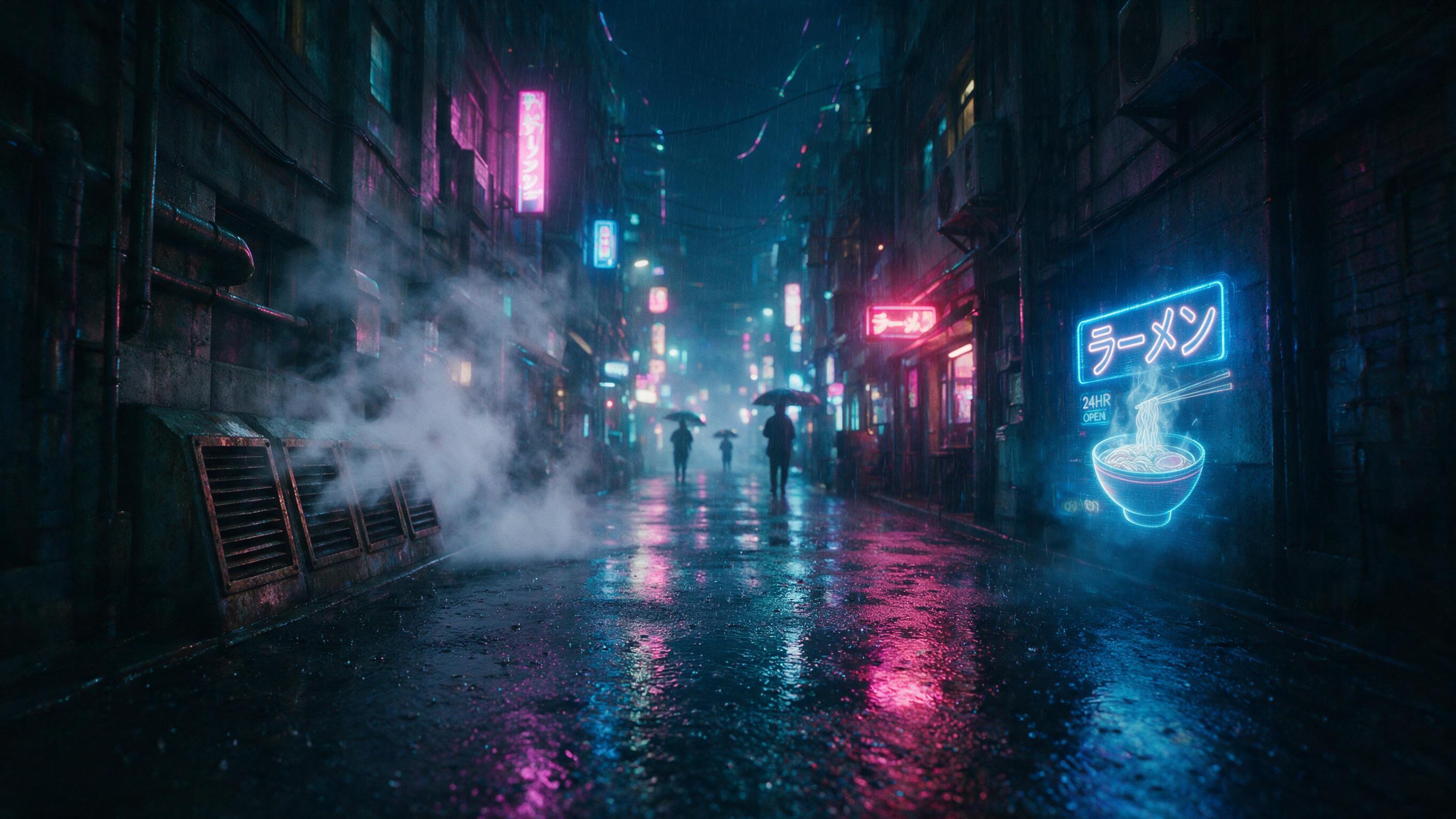 A rain-soaked neon alley in Neo-Tokyo at night, dripping steam from vents, glowing holographic ramen sign flickering, wet asphalt reflecting magenta and cyan lights, silhouetted figures with umbrellas, shallow depth of field, gritty atmosphere, cinematic still.