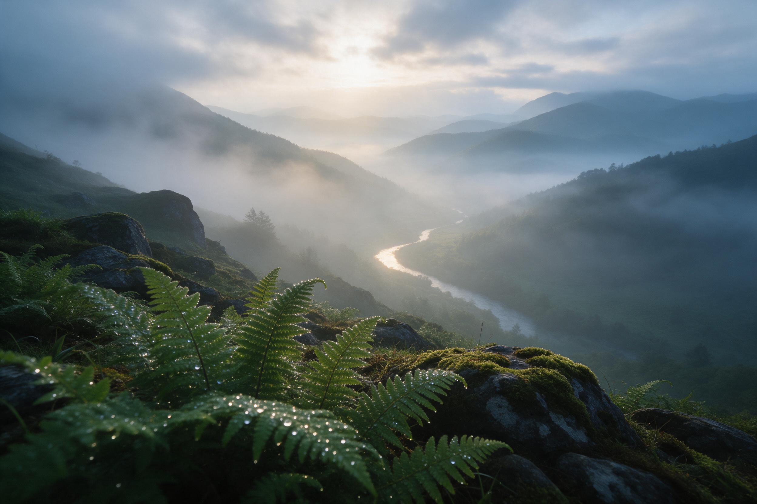 A misty mountain valley at dawn, layered ridges fading into soft blue haze. Low golden sunlight breaks through clouds, illuminating a winding river below. Foreground features dew-covered ferns and mossy rocks, sharp focus. Natural lighting, airy atmosphere, wide-angle composition.