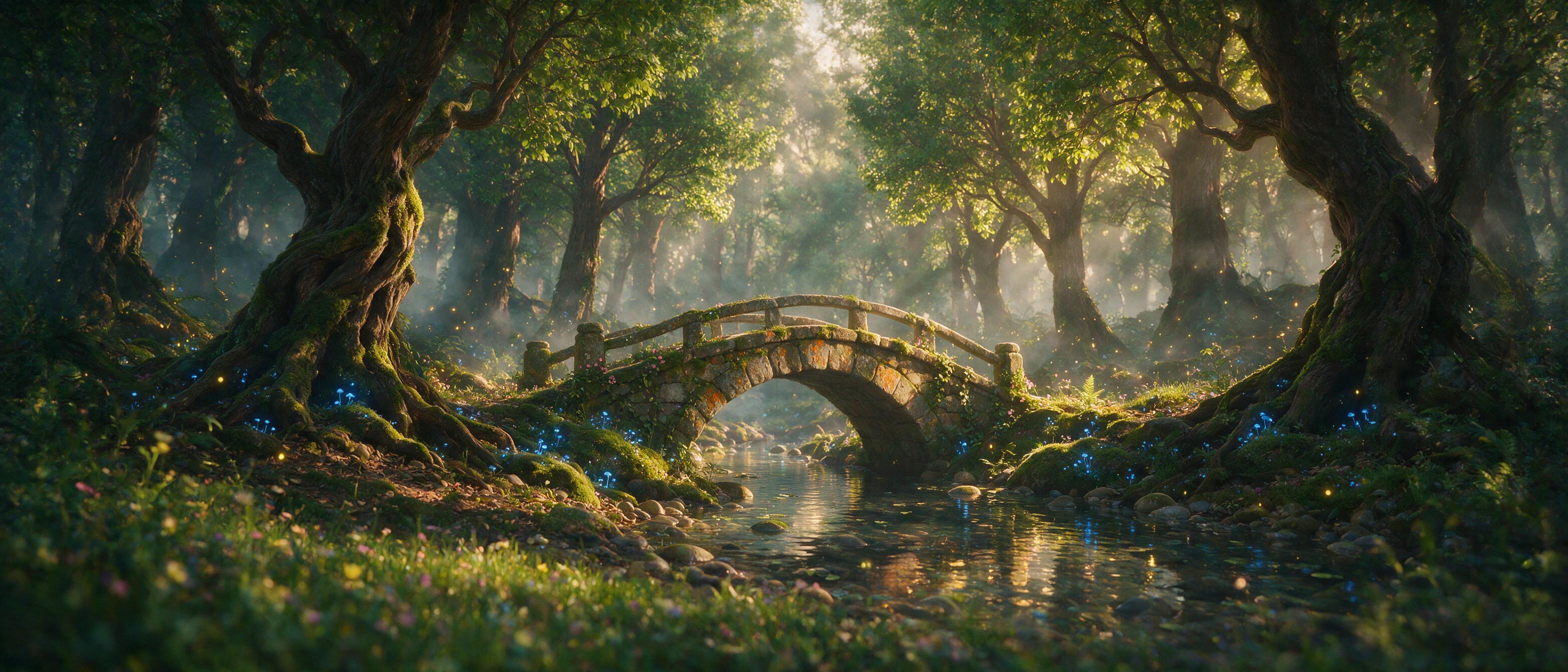 A mystical forest at twilight, ancient trees with glowing blue mushrooms at their roots, ethereal light rays piercing through the misty canopy, a small stone bridge over a reflective stream, soft fireflies floating in the air, cinematic composition with shallow depth of field, natural golden hour li