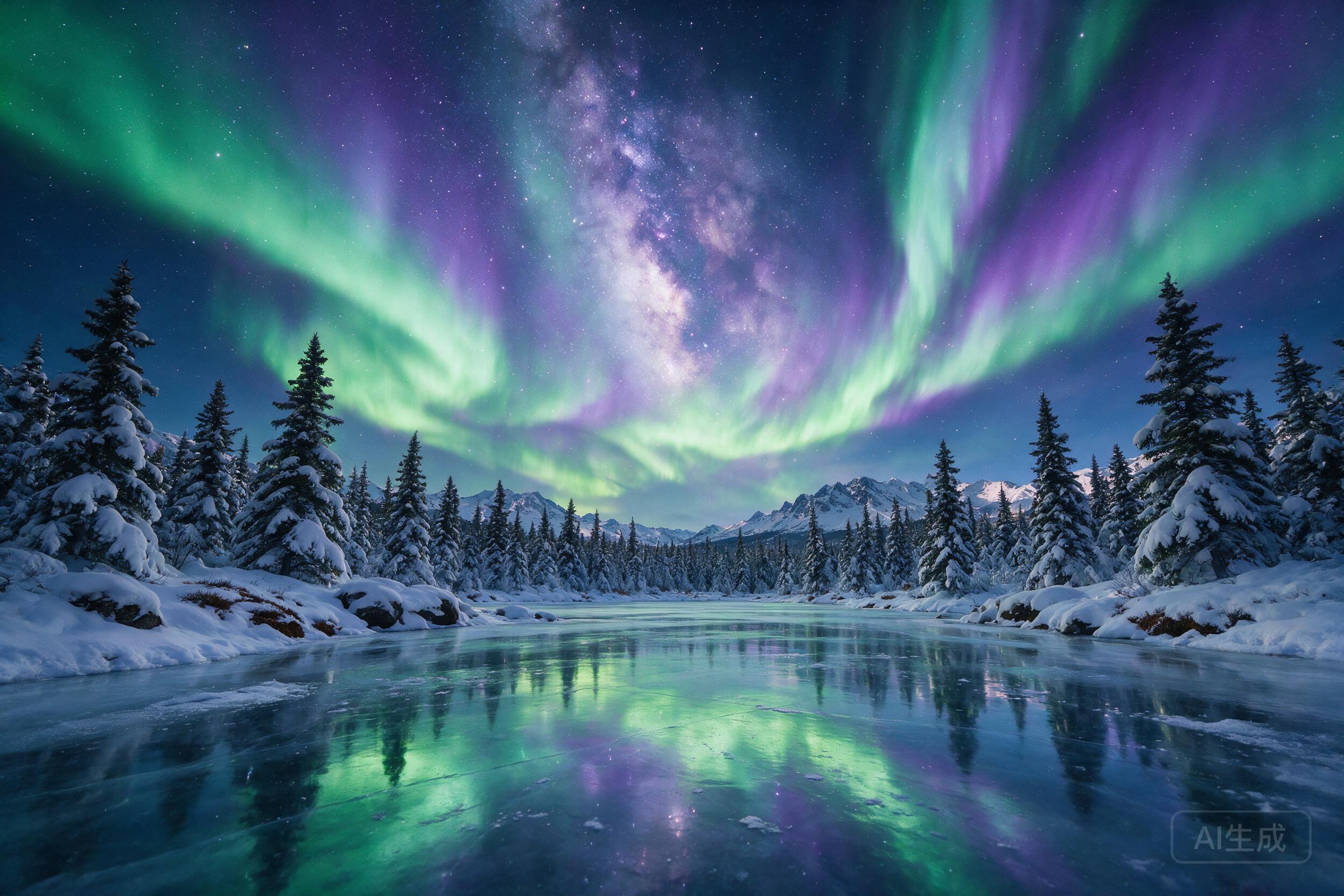 Aurora borealis dancing over a frozen lake, snow-covered trees, starry sky, reflection in the ice, ethereal green and purple lights