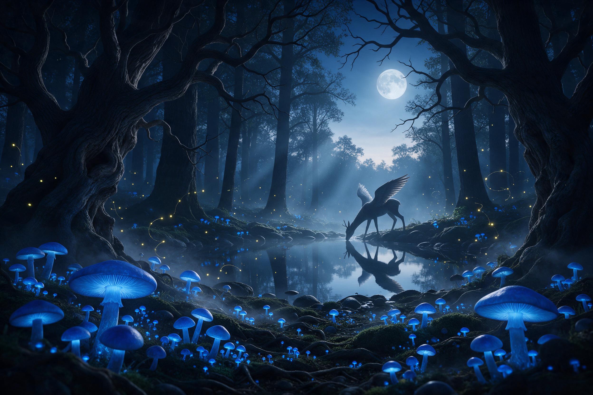 Enchanted forest clearing at twilight, ancient glowing blue mushrooms carpeting the mossy ground, a silver mist curling between twisted oak roots, fireflies tracing lazy spirals in the humid air, faint silhouette of a winged deer drinking from a mirror-still pond, ethereal cool moonlight filtering t